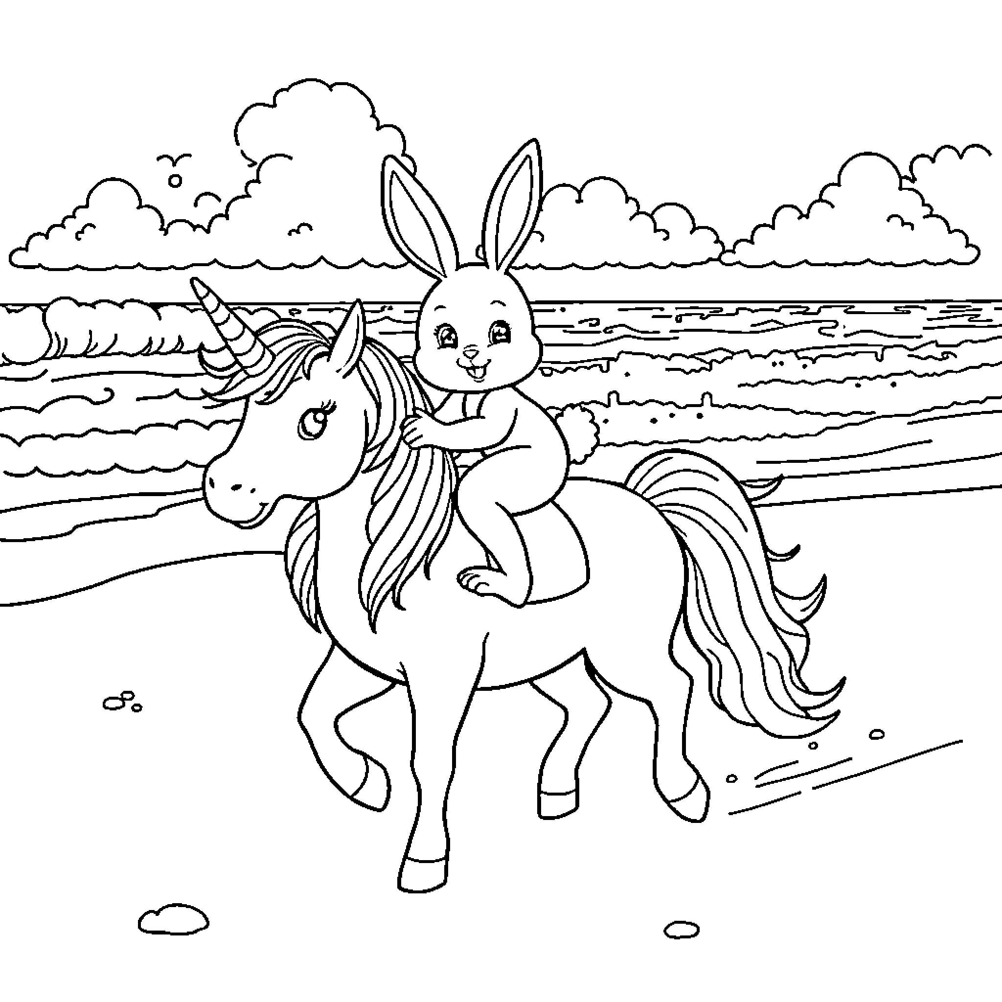 Bunny riding happily on a unicorn by the beach Coloring Page (free black-and-white line drawing printable PDF for all, from beginners to advanced learners, including children, teens, adults, and seniors)