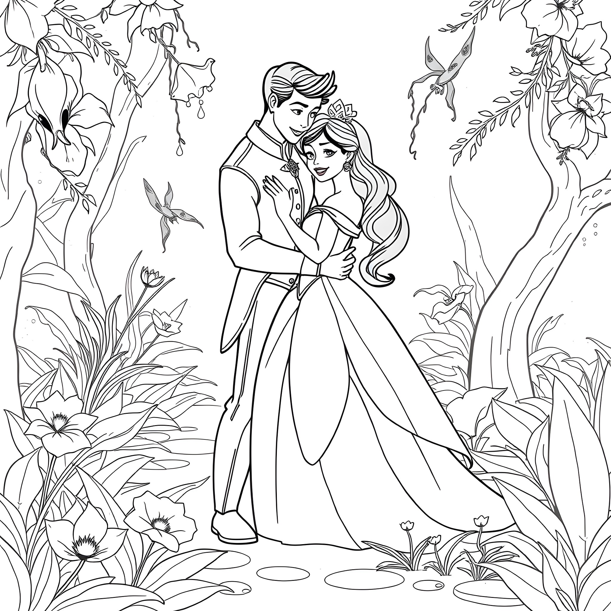 Tiana's Fairytale Romance in the Enchanted Garden Coloring Page (free black-and-white line drawing printable PDF for all, from beginners to advanced learners, including children, teens, adults, and seniors)
