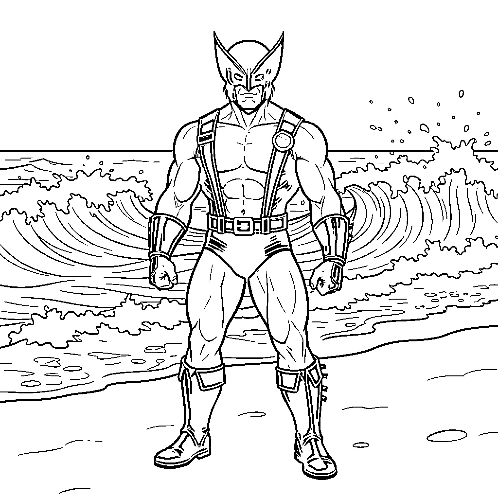 Wolverine standing heroically on a beach near ocean waves Coloring Page (free black-and-white line drawing printable PDF for all, from beginners to advanced learners, including children, teens, adults, and seniors)