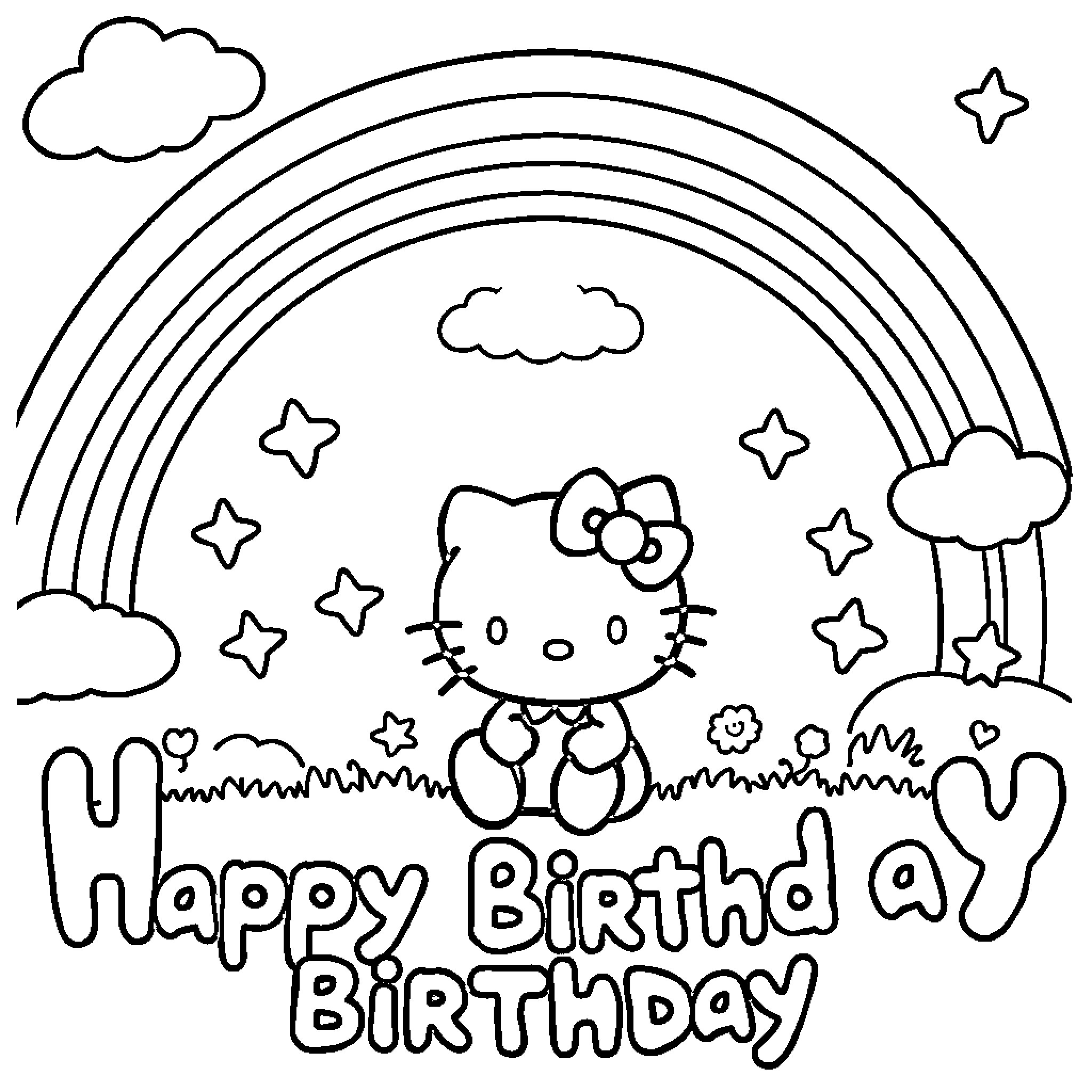Hello Kitty celebrating a happy birthday in a whimsical scene Coloring Page (free black-and-white line drawing printable PDF for all, from beginners to advanced learners, including children, teens, adults, and seniors)