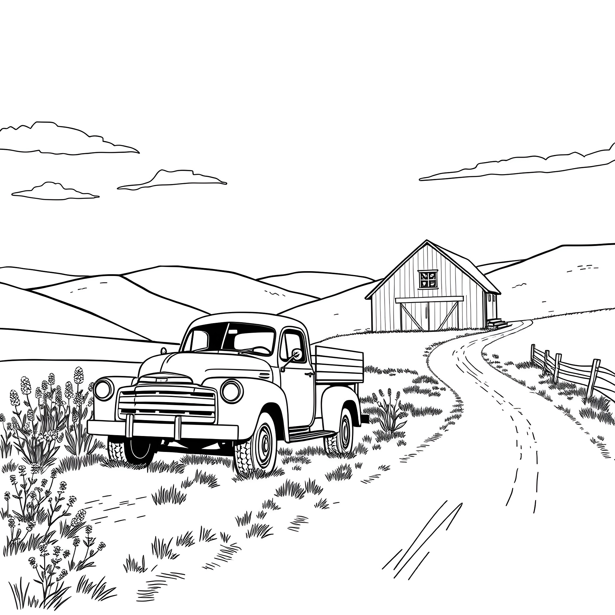 Truck on a Country Road with Barn in the Distance Coloring Page (free black-and-white line drawing printable PDF for all, from beginners to advanced learners, including children, teens, adults, and seniors)