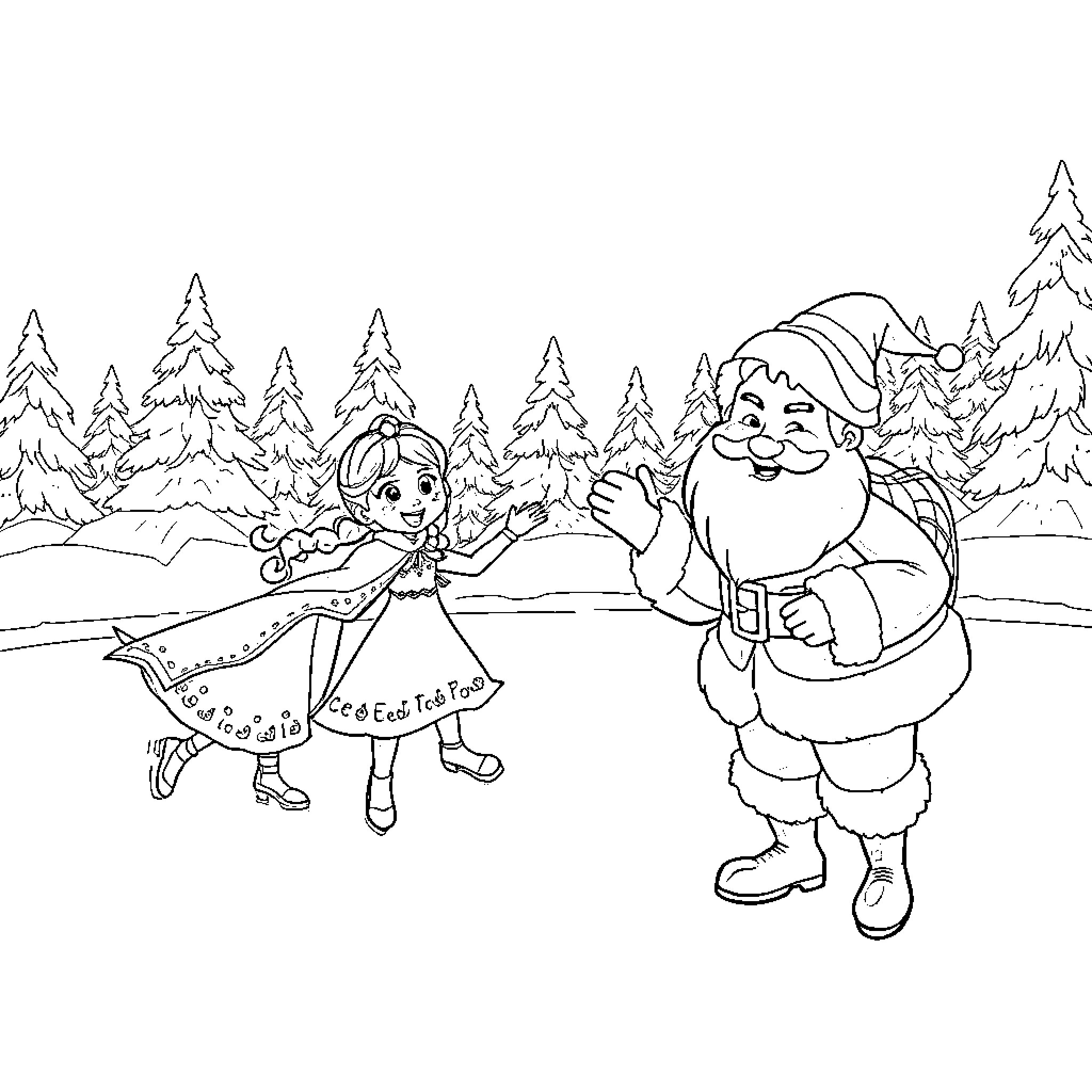 Santa enjoying playtime with girl in winter wonderland Coloring Page (free black-and-white line drawing printable PDF for all, from beginners to advanced learners, including children, teens, adults, and seniors)