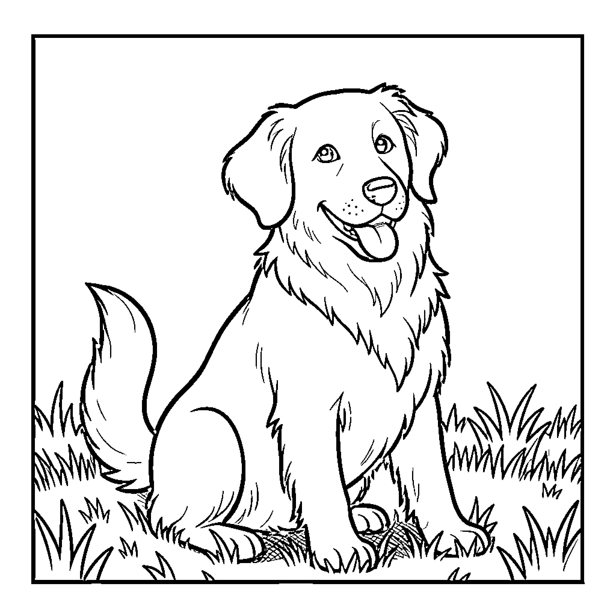 Dog sitting happily in the grass Coloring Page (free black-and-white line drawing printable PDF for all, from beginners to advanced learners, including children, teens, adults, and seniors)