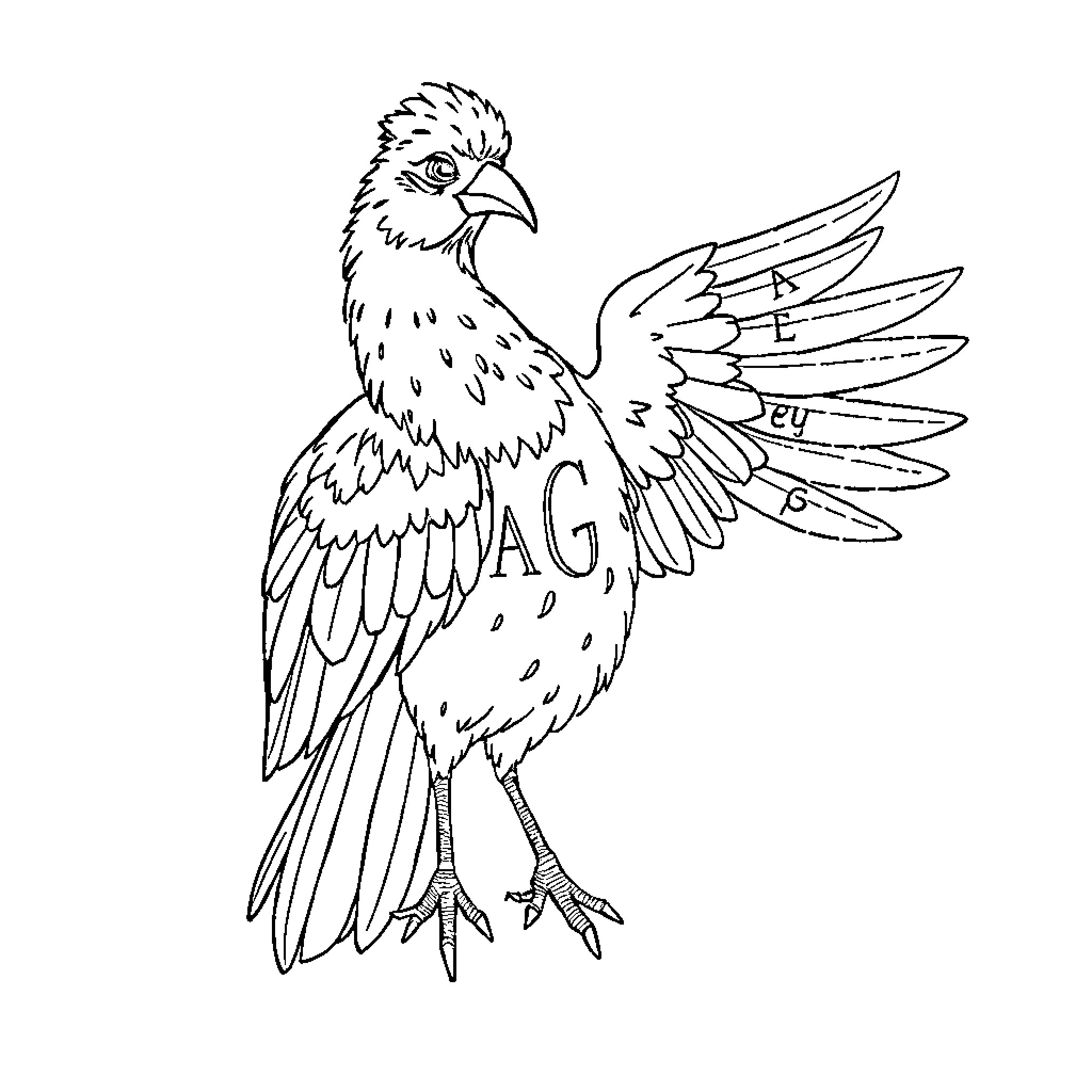 Phoenix-like bird with ornate wings and feathers Coloring Page (free black-and-white line drawing printable PDF for all, from beginners to advanced learners, including children, teens, adults, and seniors)