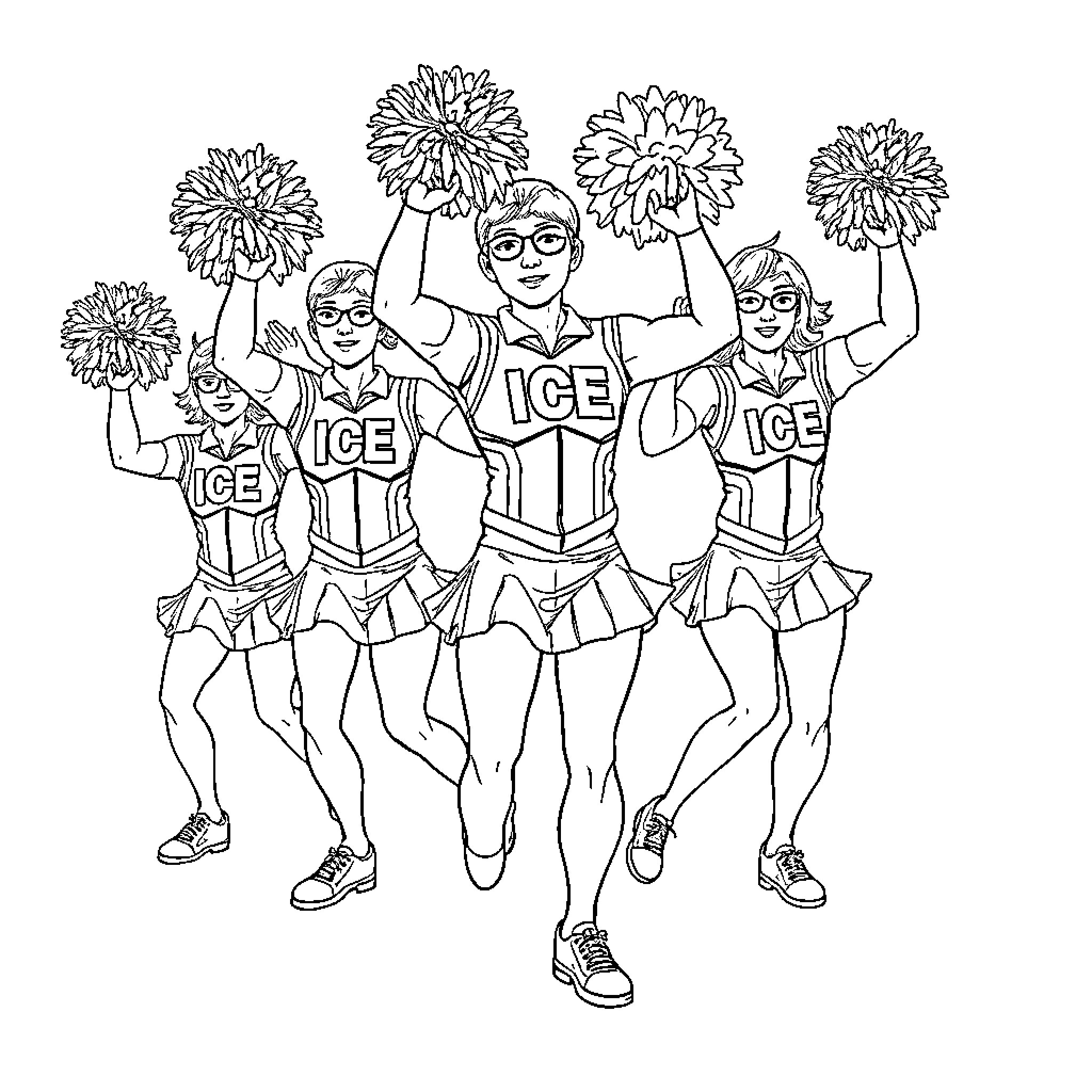 Cheerleaders performing in athletic uniforms Coloring Page (free black-and-white line drawing printable PDF for all, from beginners to advanced learners, including children, teens, adults, and seniors)