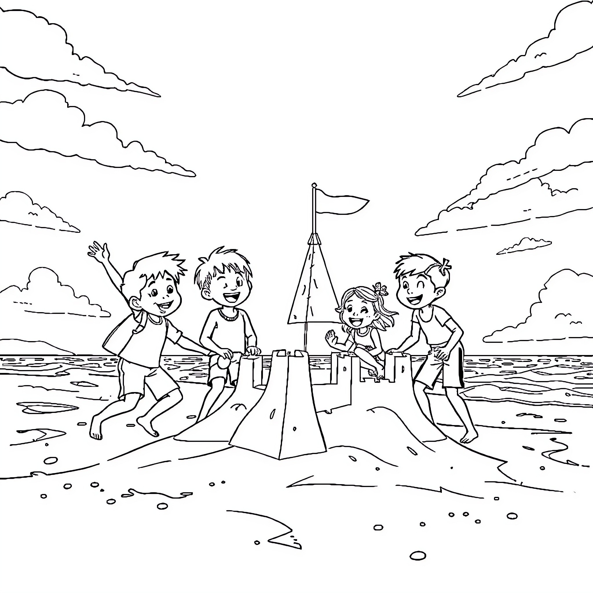 Chase at the Beach with Sand Castle Coloring Page (free black-and-white line drawing printable PDF for all, from beginners to advanced learners, including children, teens, adults, and seniors)