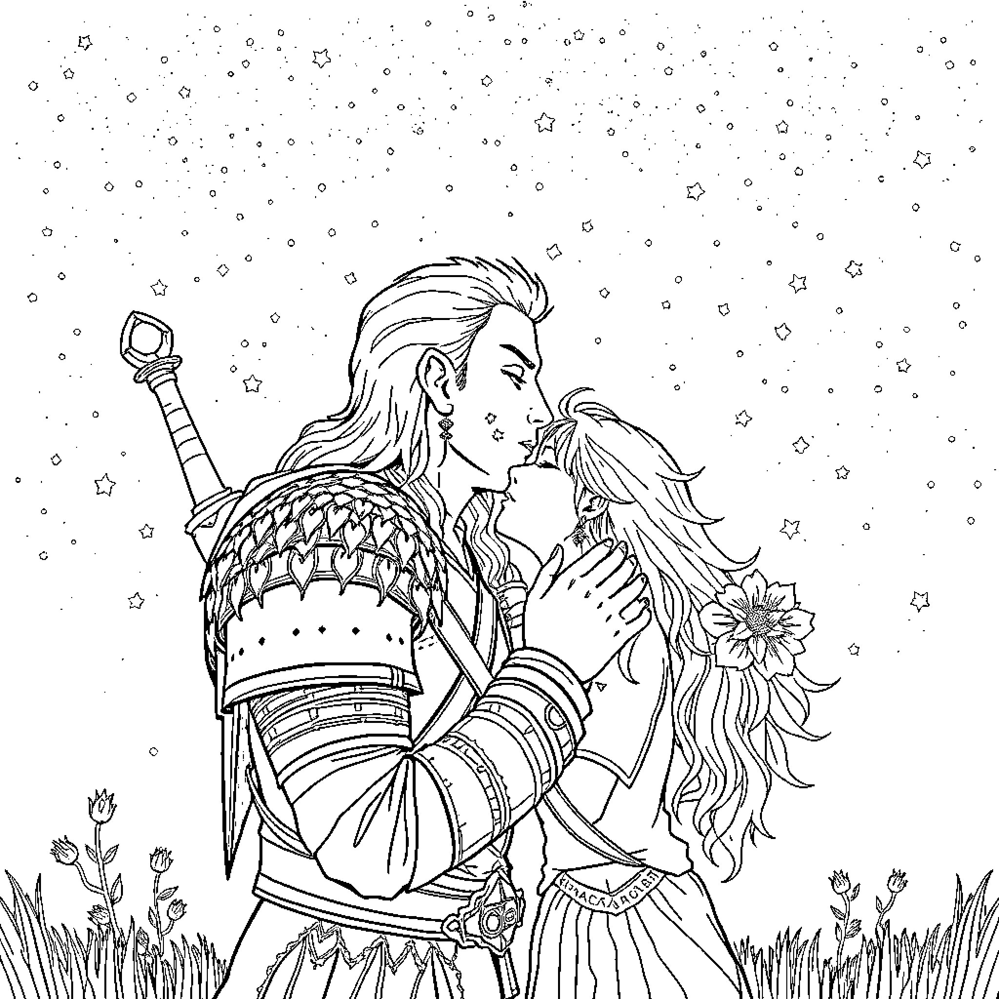 Geralt in a tender embrace under the starry sky Coloring Page (free black-and-white line drawing printable PDF for all, from beginners to advanced learners, including children, teens, adults, and seniors)
