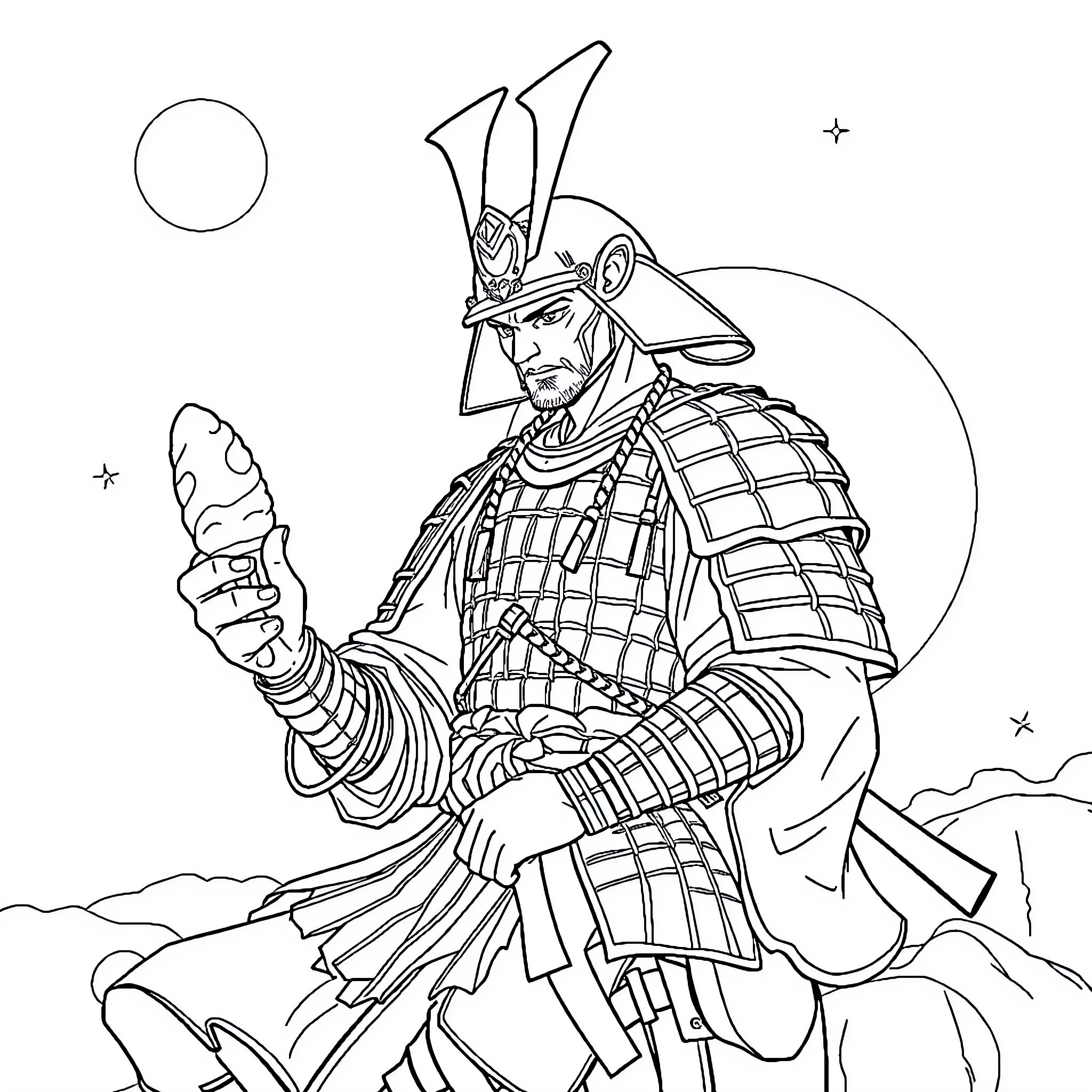 Samurai Warrior in Defensive Pose Coloring Page (free black-and-white line drawing printable PDF for all, from beginners to advanced learners, including children, teens, adults, and seniors)