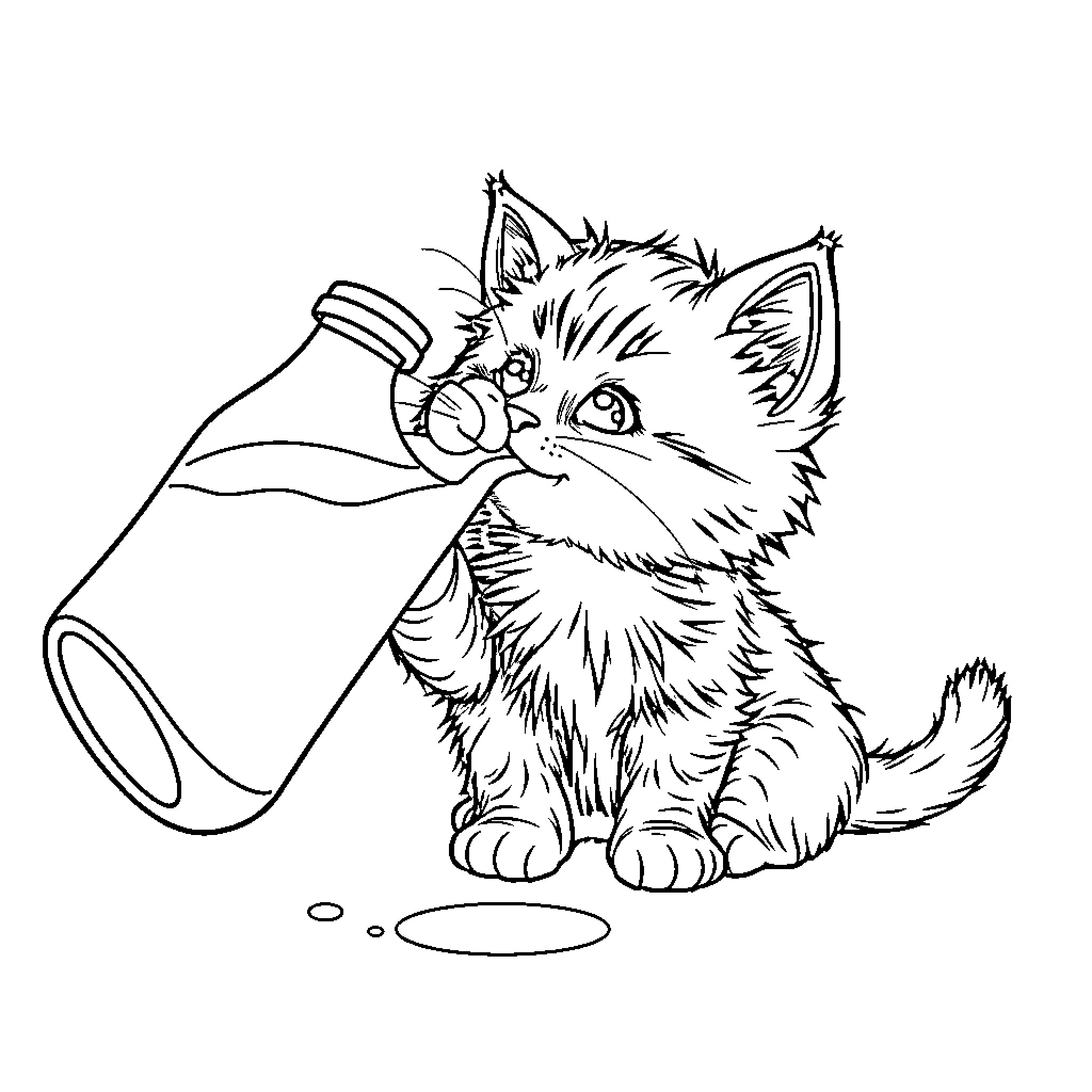 Cat playing with milk bottle Coloring Page (free black-and-white line drawing printable PDF for all, from beginners to advanced learners, including children, teens, adults, and seniors)