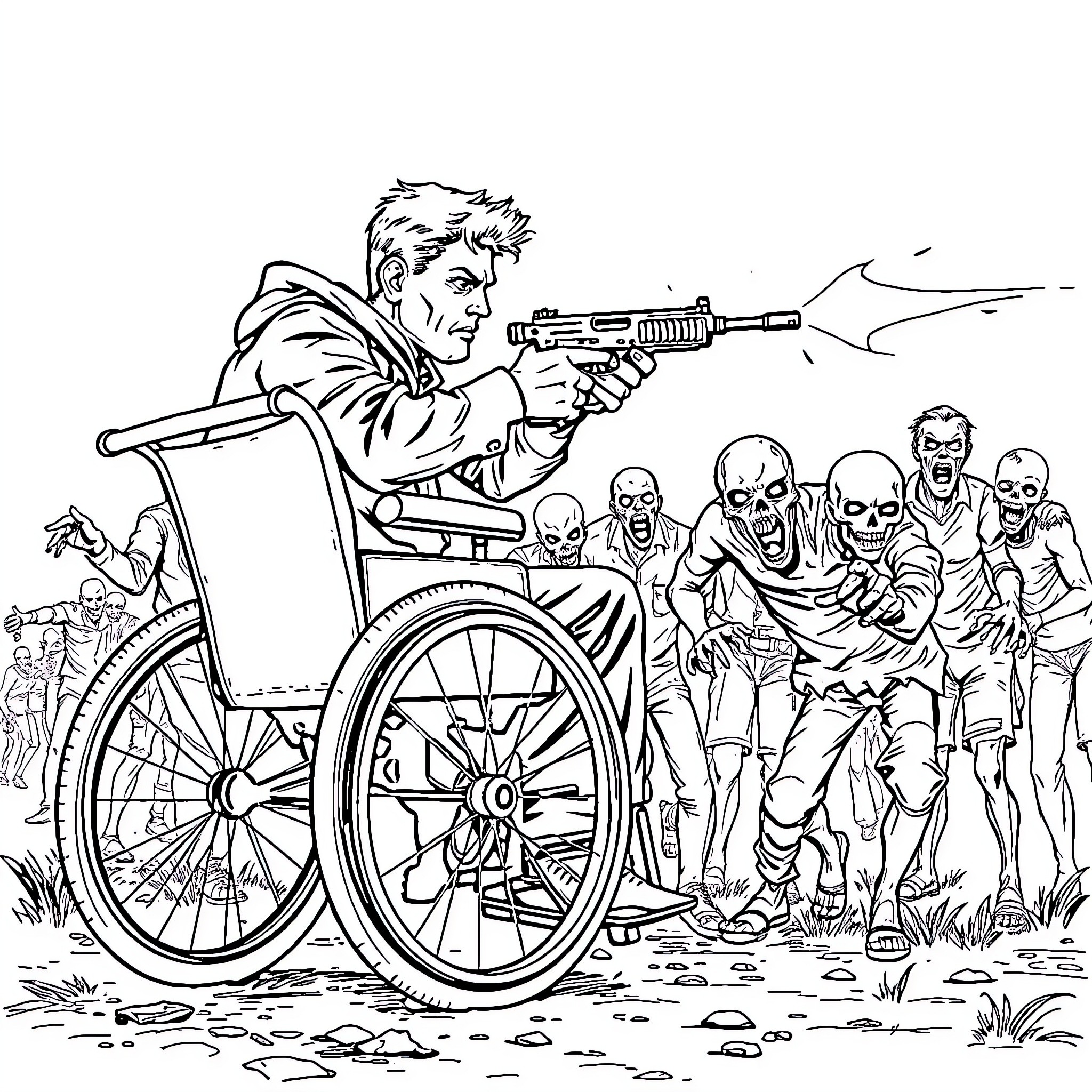 Guy in wheelchair defends himself against zombie horde Coloring Page (free black-and-white line drawing printable PDF for all, from beginners to advanced learners, including children, teens, adults, and seniors)