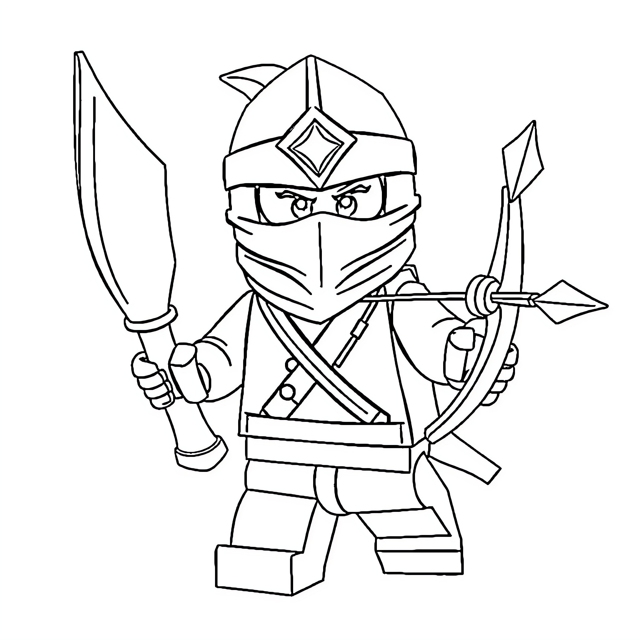 Lego Ninja wielding weapons in action pose Coloring Page (free black-and-white line drawing printable PDF for all, from beginners to advanced learners, including children, teens, adults, and seniors)