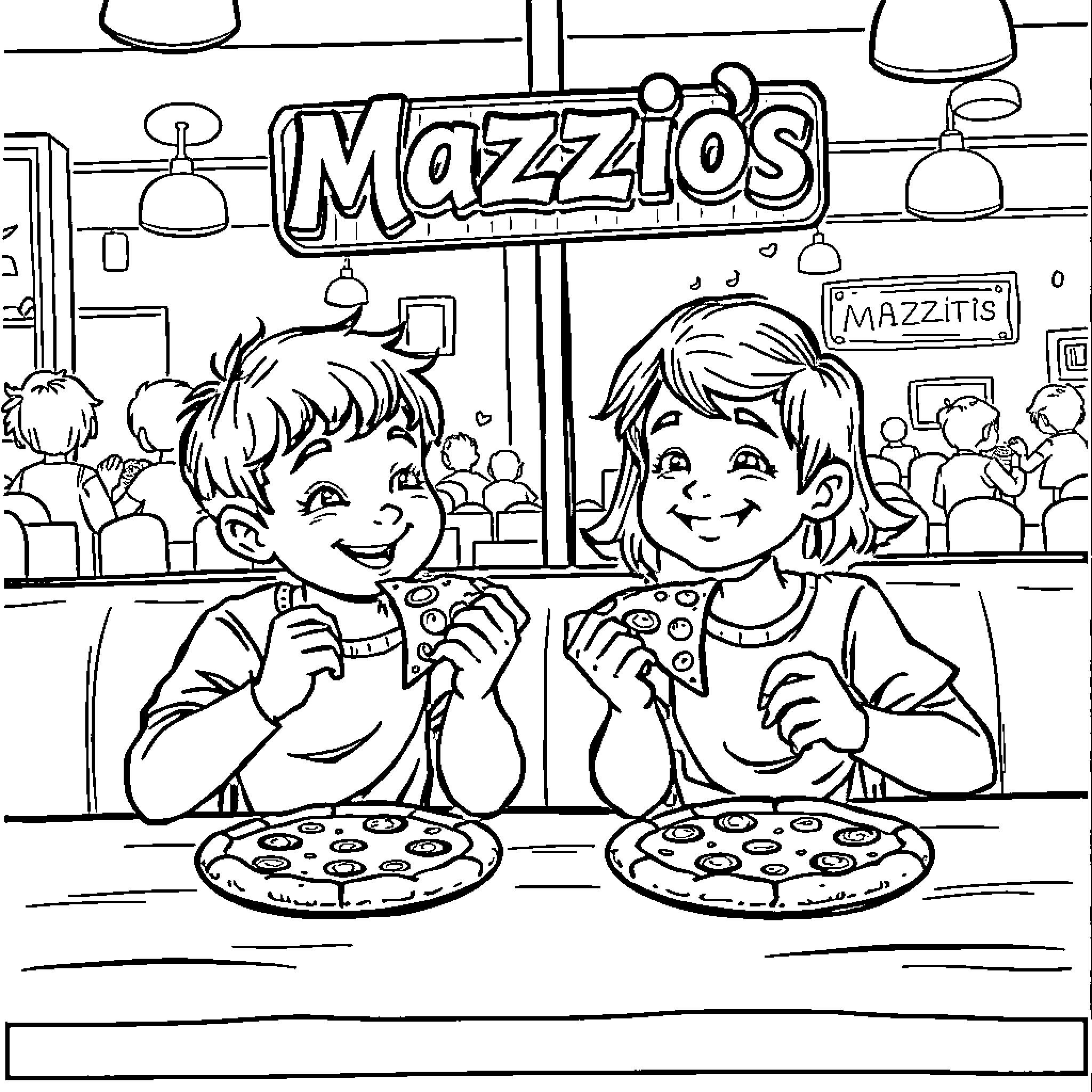 Kids Enjoying Pizza at Mazzio's Coloring Page (free black-and-white line drawing printable PDF for all, from beginners to advanced learners, including children, teens, adults, and seniors)