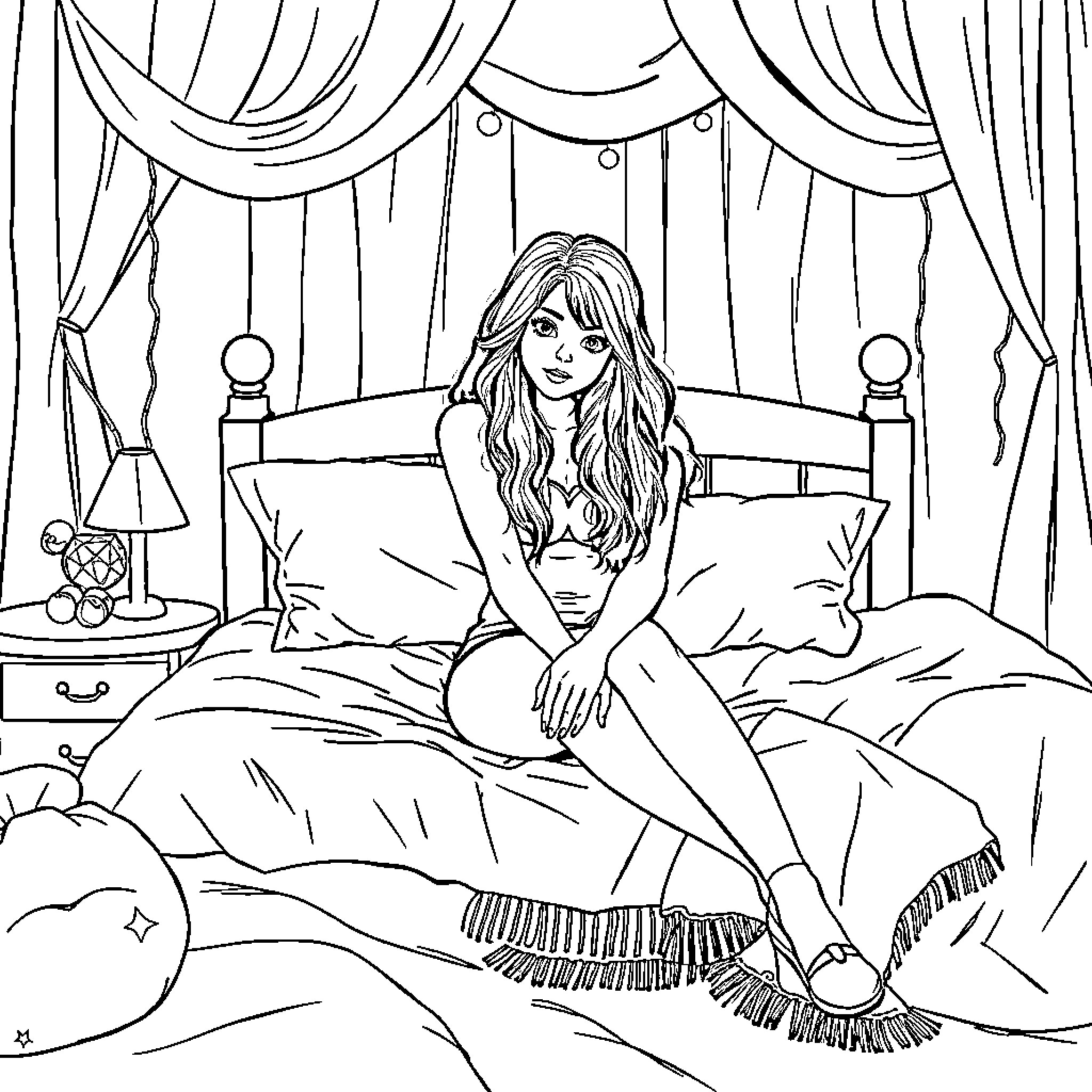 Olivia Rodrigo Relaxing in a Cozy Bedroom Coloring Page (free black-and-white line drawing printable PDF for all, from beginners to advanced learners, including children, teens, adults, and seniors)