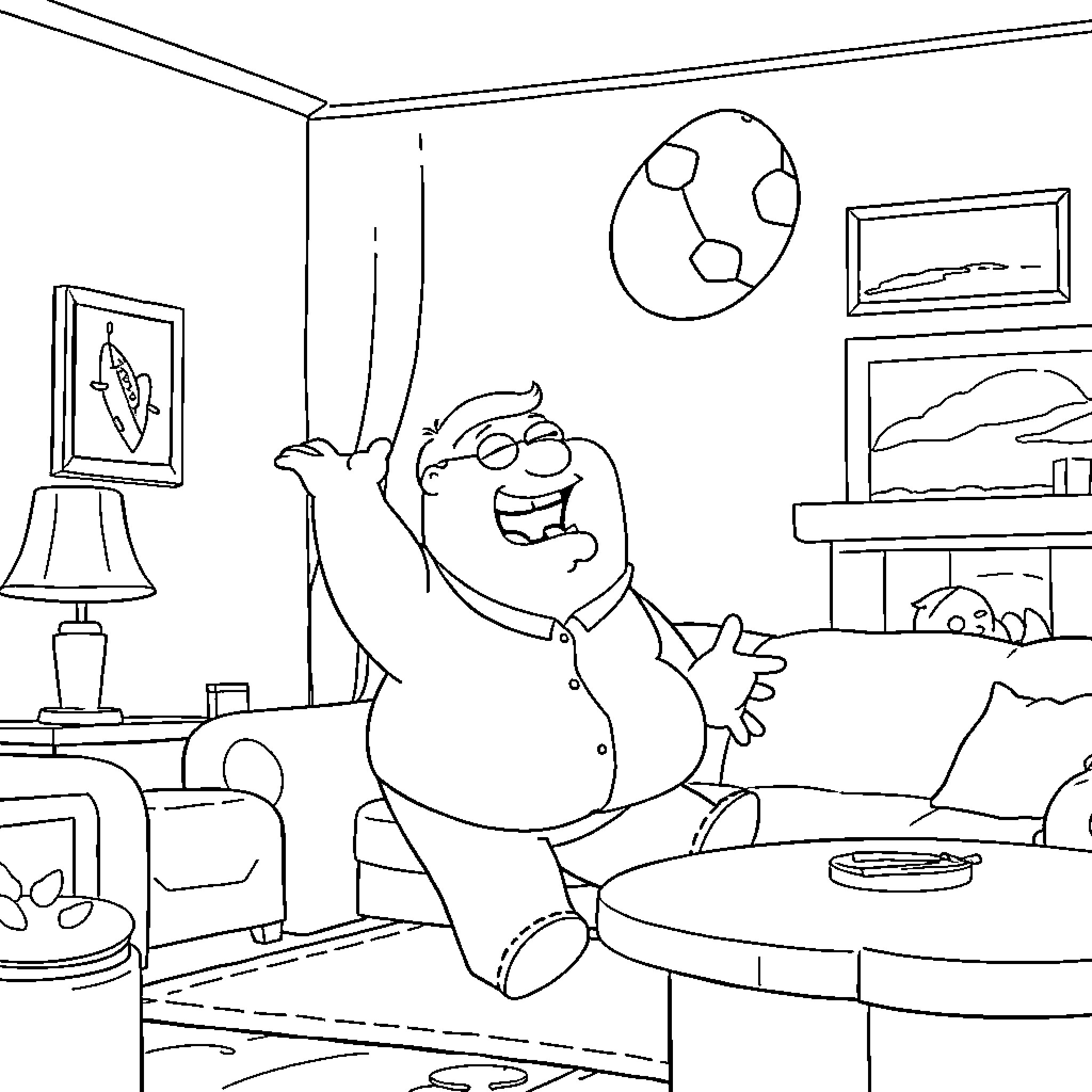 Peter Griffin dancing happily in his living room Coloring Page (free black-and-white line drawing printable PDF for all, from beginners to advanced learners, including children, teens, adults, and seniors)