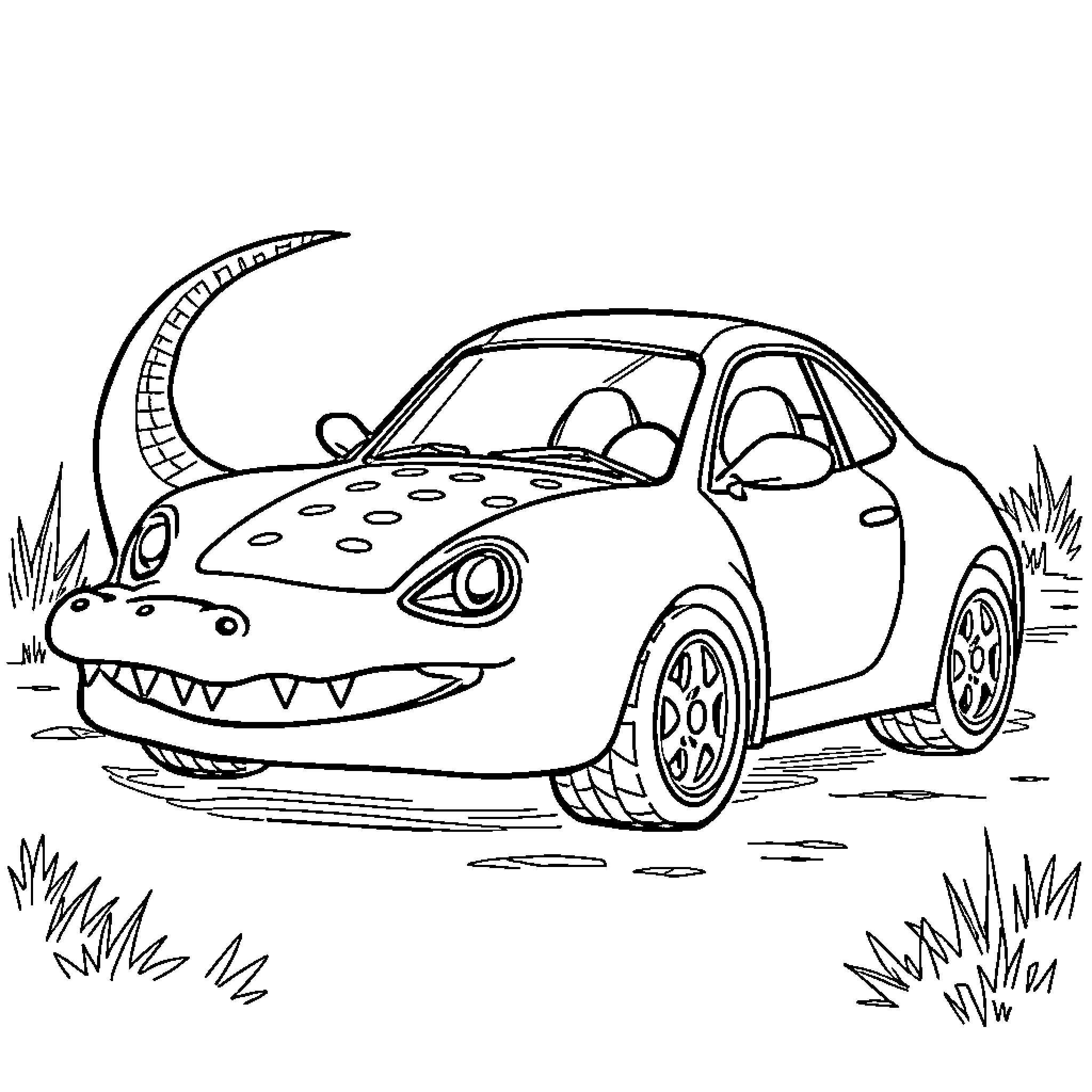 Crocodile Car Driving on Grass Coloring Page (free black-and-white line drawing printable PDF for all, from beginners to advanced learners, including children, teens, adults, and seniors)