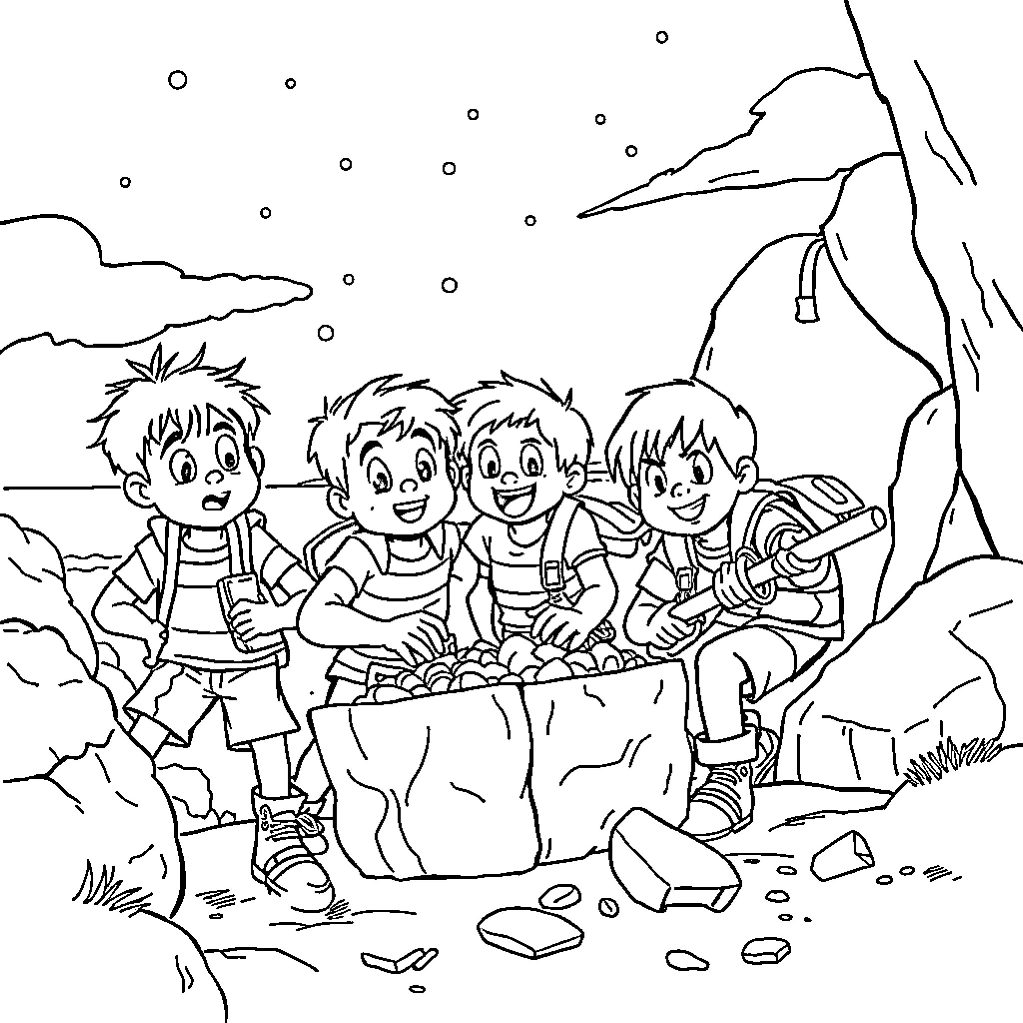 Goonies Exploring Adventurous Outdoor Landscape Coloring Page (free black-and-white line drawing printable PDF for all, from beginners to advanced learners, including children, teens, adults, and seniors)