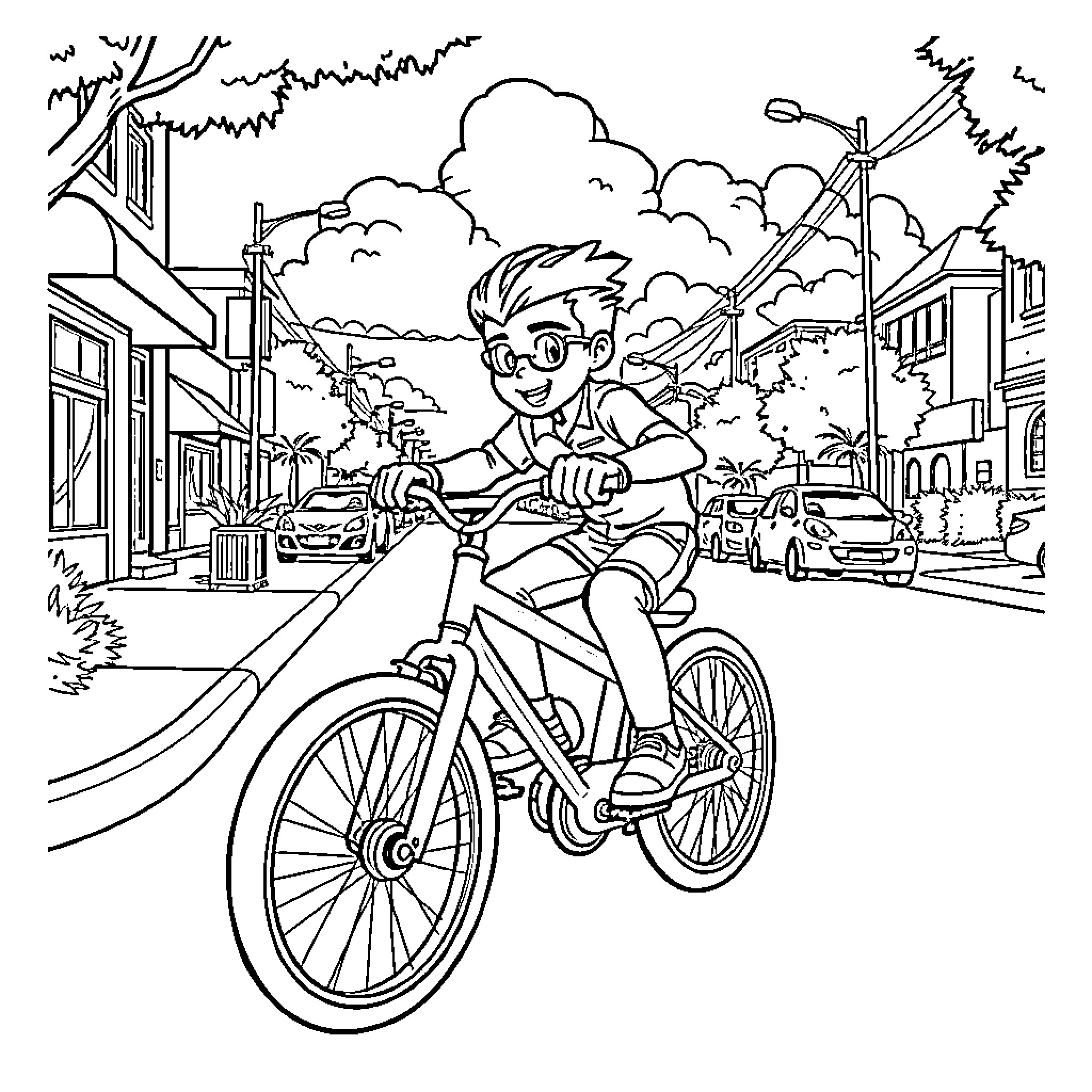 Kid Danger Rides Bike Through Busy City Street Coloring Page (free black-and-white line drawing printable PDF for all, from beginners to advanced learners, including children, teens, adults, and seniors)