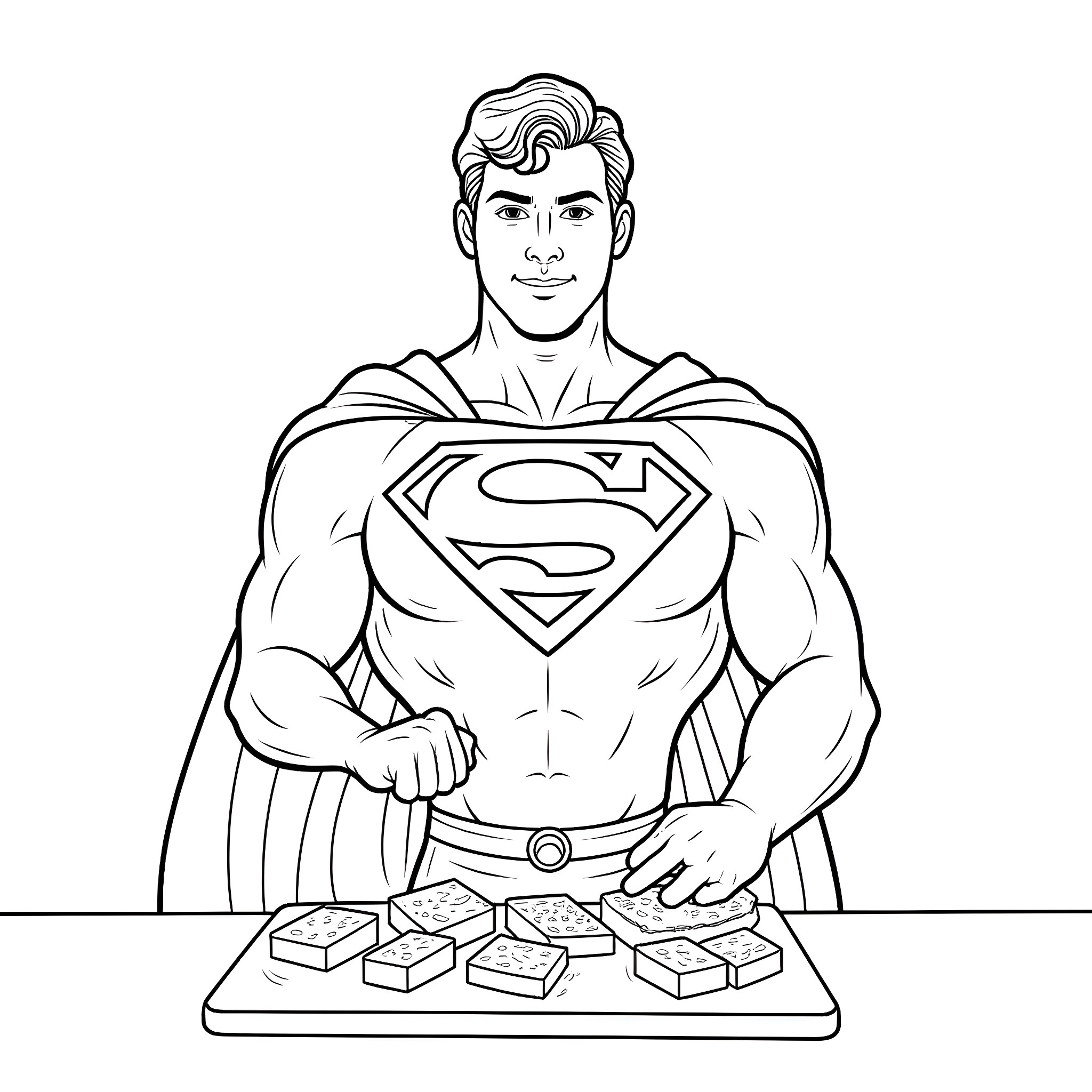Superman posing heroically with bricks Coloring Page (free black-and-white line drawing printable PDF for all, from beginners to advanced learners, including children, teens, adults, and seniors)