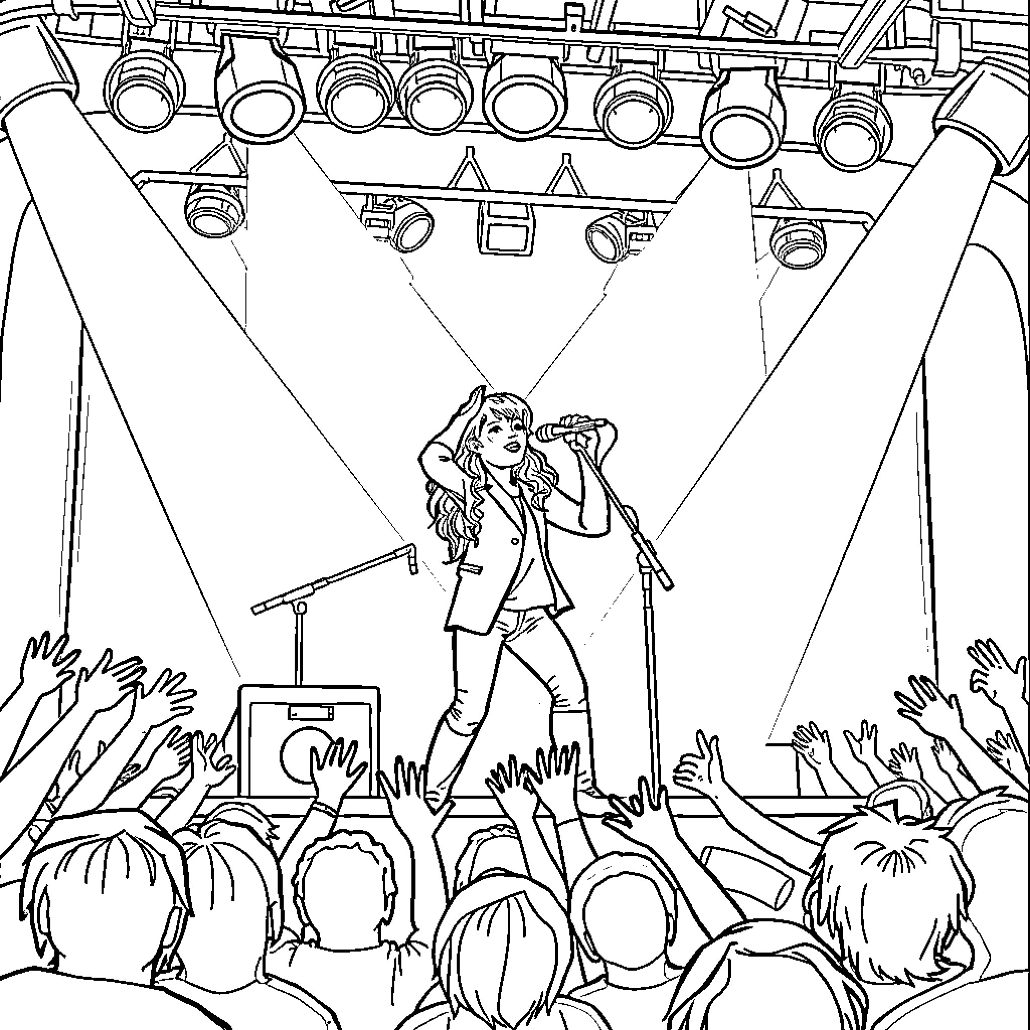 Huntrix Performing on Stage with Audience Coloring Page (free black-and-white line drawing printable PDF for all, from beginners to advanced learners, including children, teens, adults, and seniors)