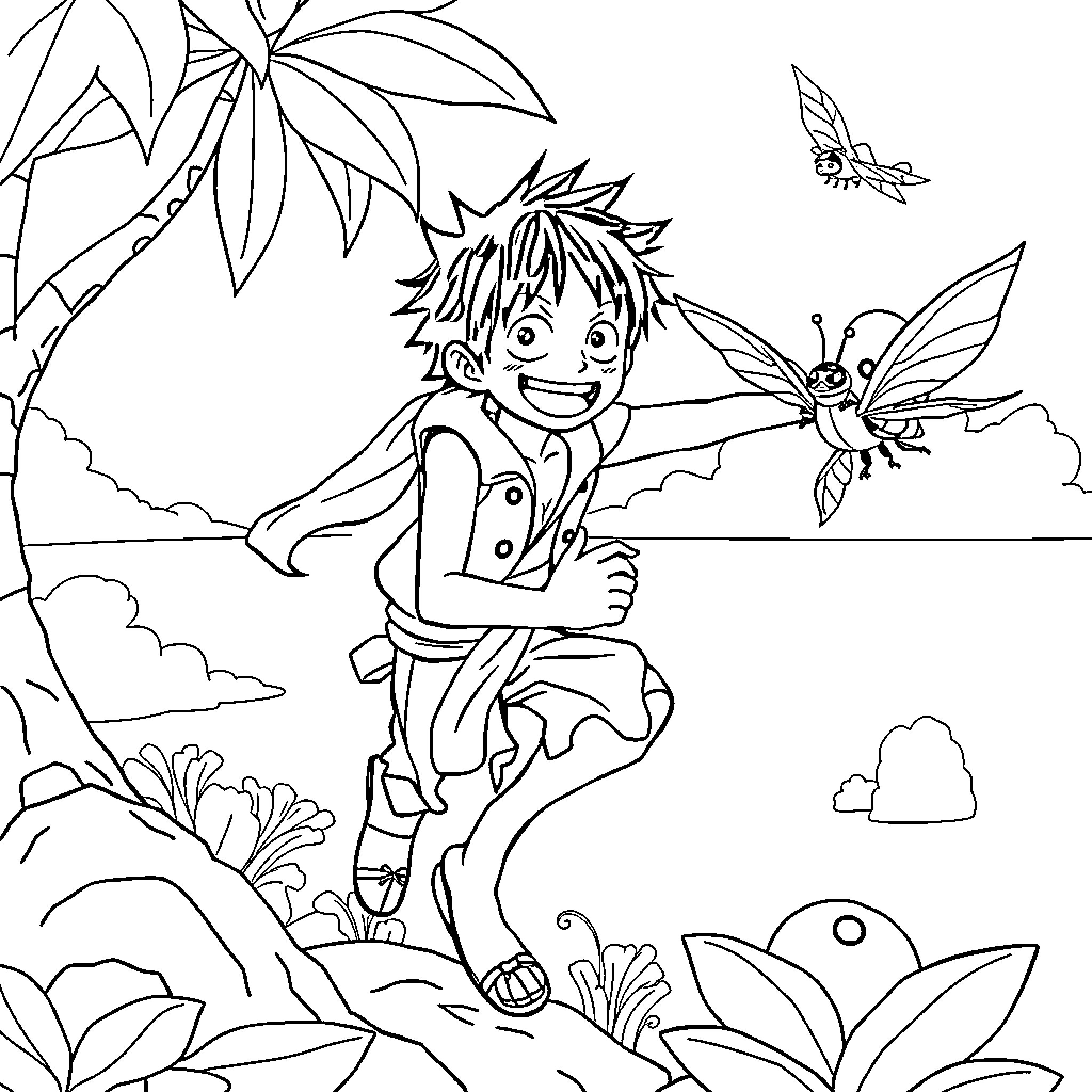 Luffy smiling while reaching for flying insects Coloring Page (free black-and-white line drawing printable PDF for all, from beginners to advanced learners, including children, teens, adults, and seniors)