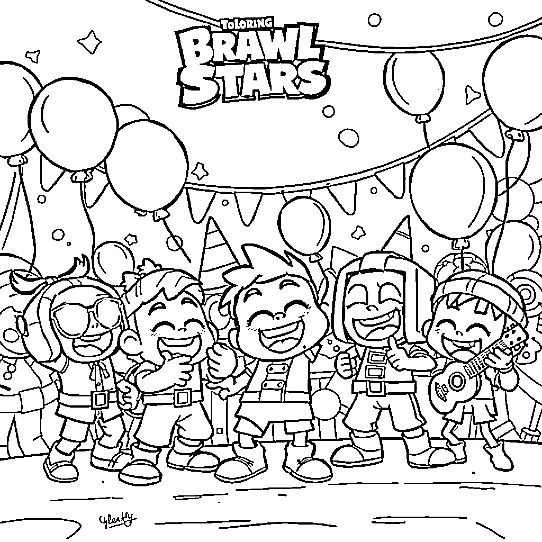 Brawl Stars Coloring Page: Characters Celebrating Together Coloring Page (free black-and-white line drawing printable PDF for all, from beginners to advanced learners, including children, teens, adults, and seniors)