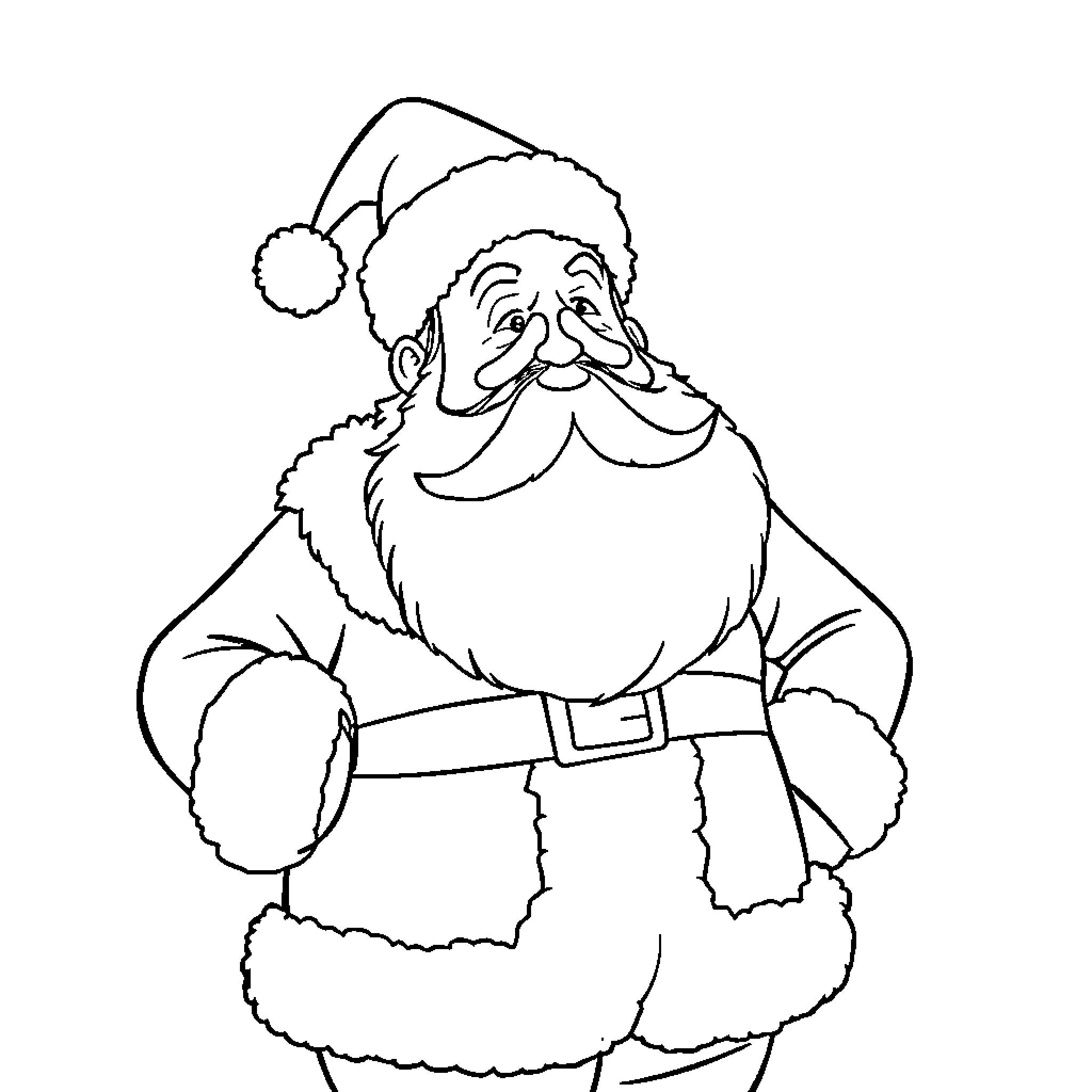 Santa Claus in festive outfit Coloring Page (free black-and-white line drawing printable PDF for all, from beginners to advanced learners, including children, teens, adults, and seniors)