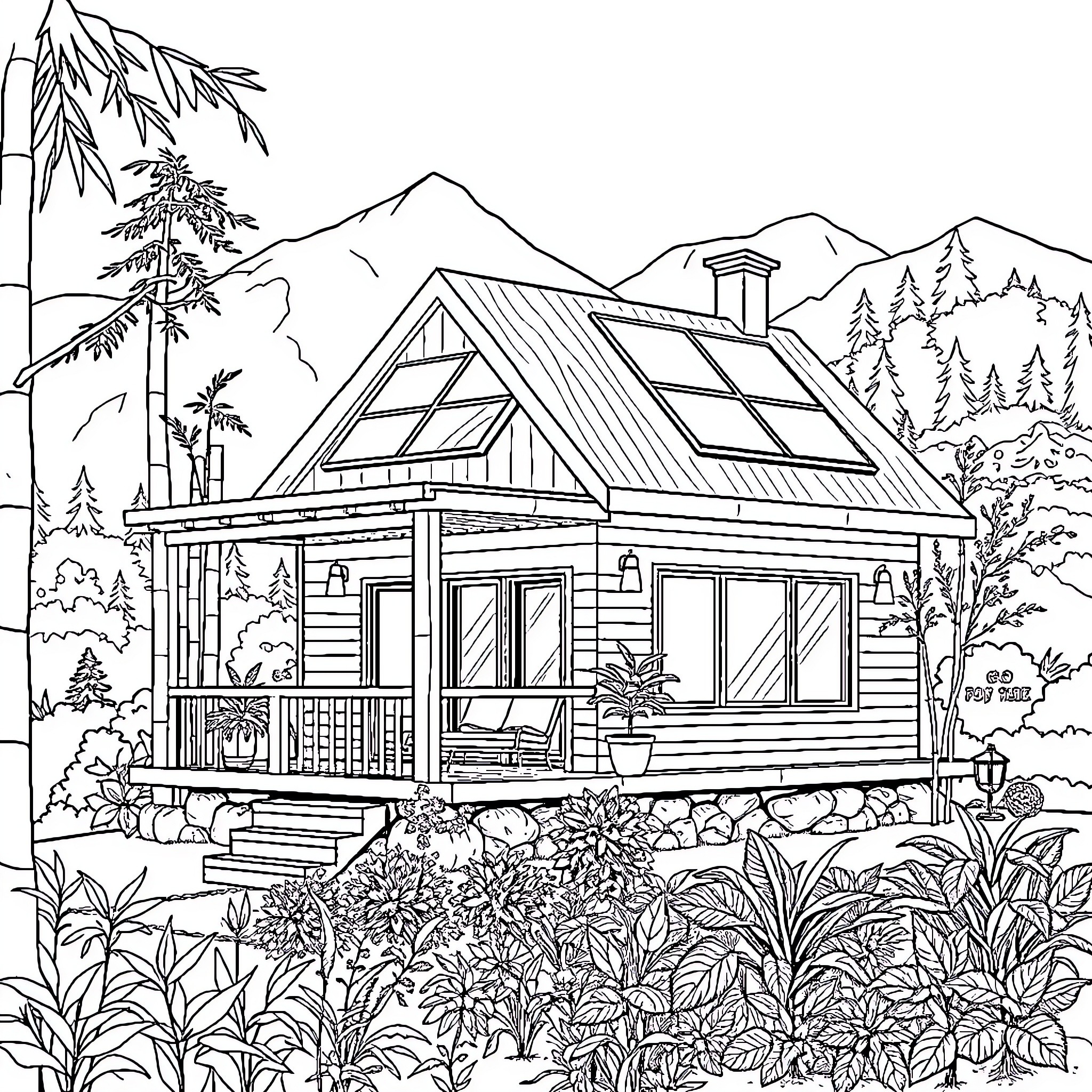 Home in the Mountains with Lush Vegetation Coloring Page (free black-and-white line drawing printable PDF for all, from beginners to advanced learners, including children, teens, adults, and seniors)