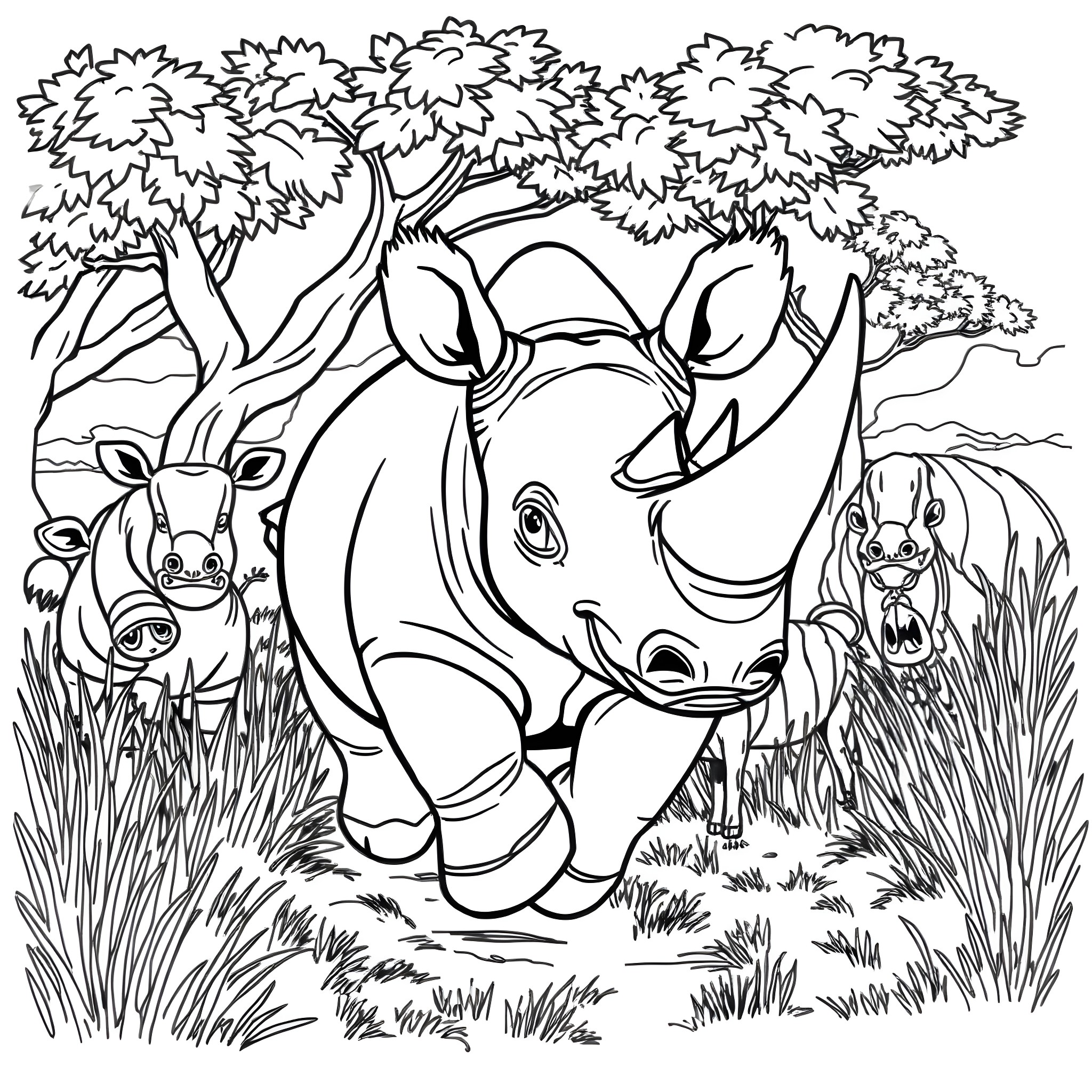 Rhino family in the wild forest Coloring Page (free black-and-white line drawing printable PDF for all, from beginners to advanced learners, including children, teens, adults, and seniors)