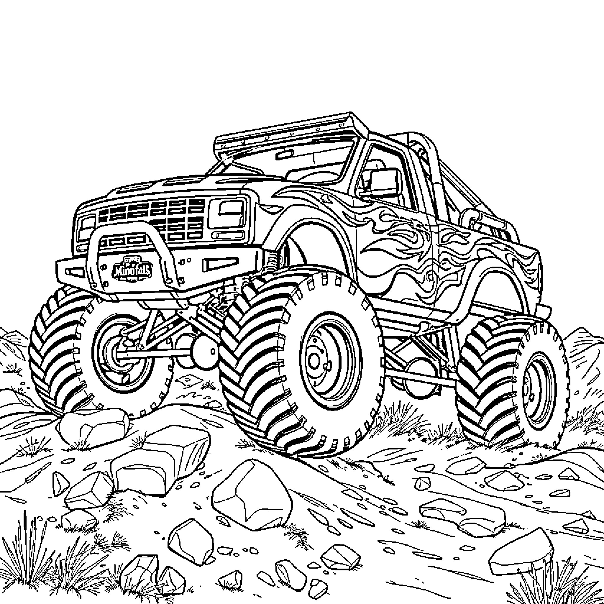 Trophy Truck Conquering Rugged Terrain Coloring Page (free black-and-white line drawing printable PDF for all, from beginners to advanced learners, including children, teens, adults, and seniors)