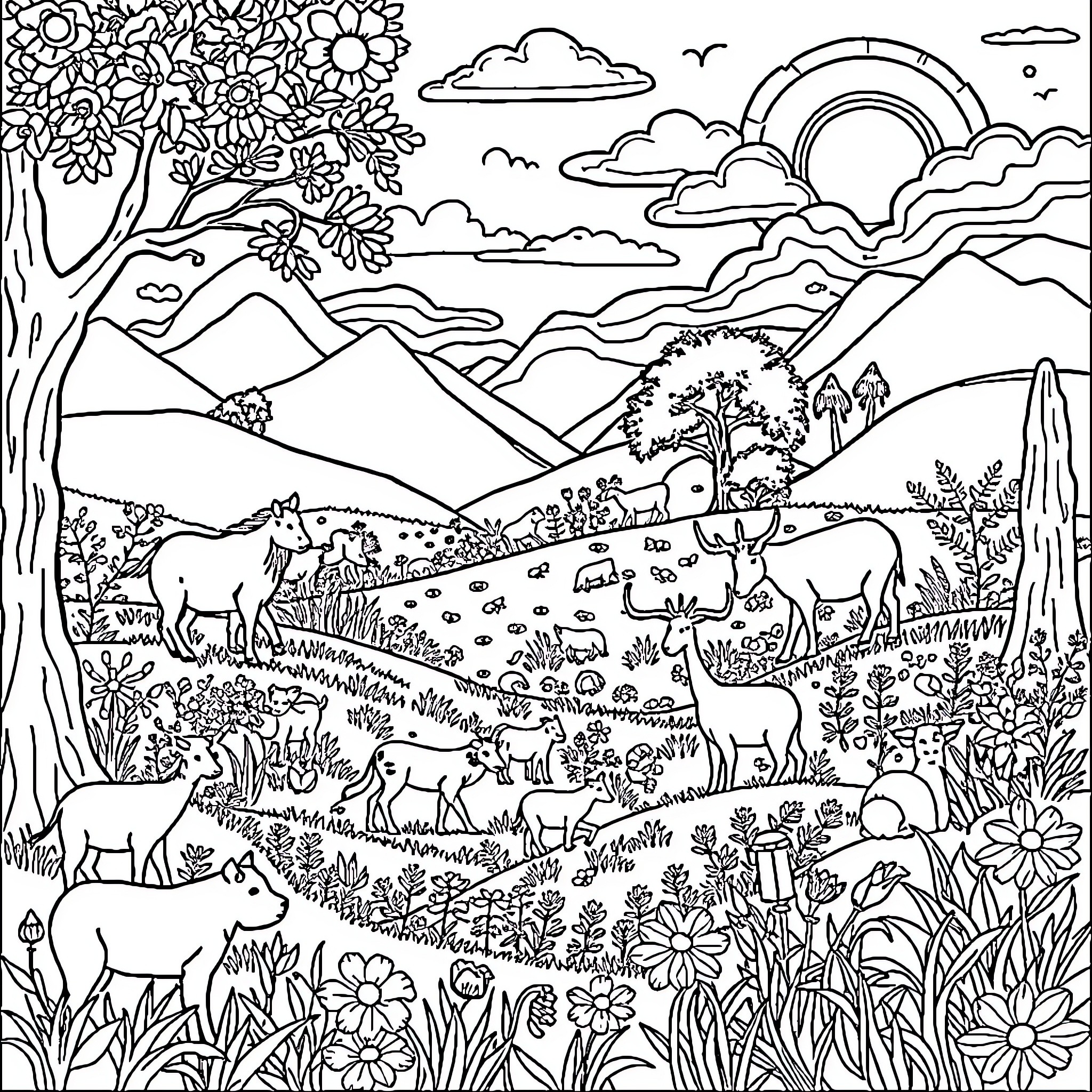 Animal landscape with various creatures in the meadow Coloring Page (free black-and-white line drawing printable PDF for all, from beginners to advanced learners, including children, teens, adults, and seniors)