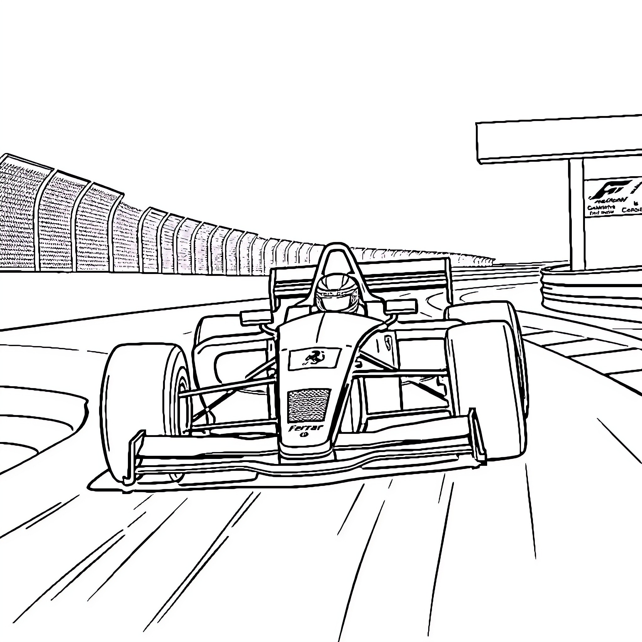 Ferrari Formula One Race Car Speeding on Track Coloring Page (free black-and-white line drawing printable PDF for all, from beginners to advanced learners, including children, teens, adults, and seniors)