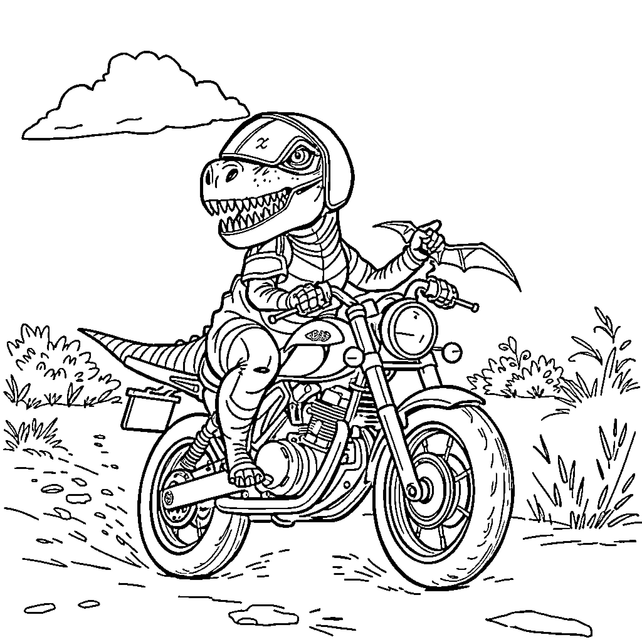Dinosaur riding a motorcycle on a nature trail Coloring Page (free black-and-white line drawing printable PDF for all, from beginners to advanced learners, including children, teens, adults, and seniors)