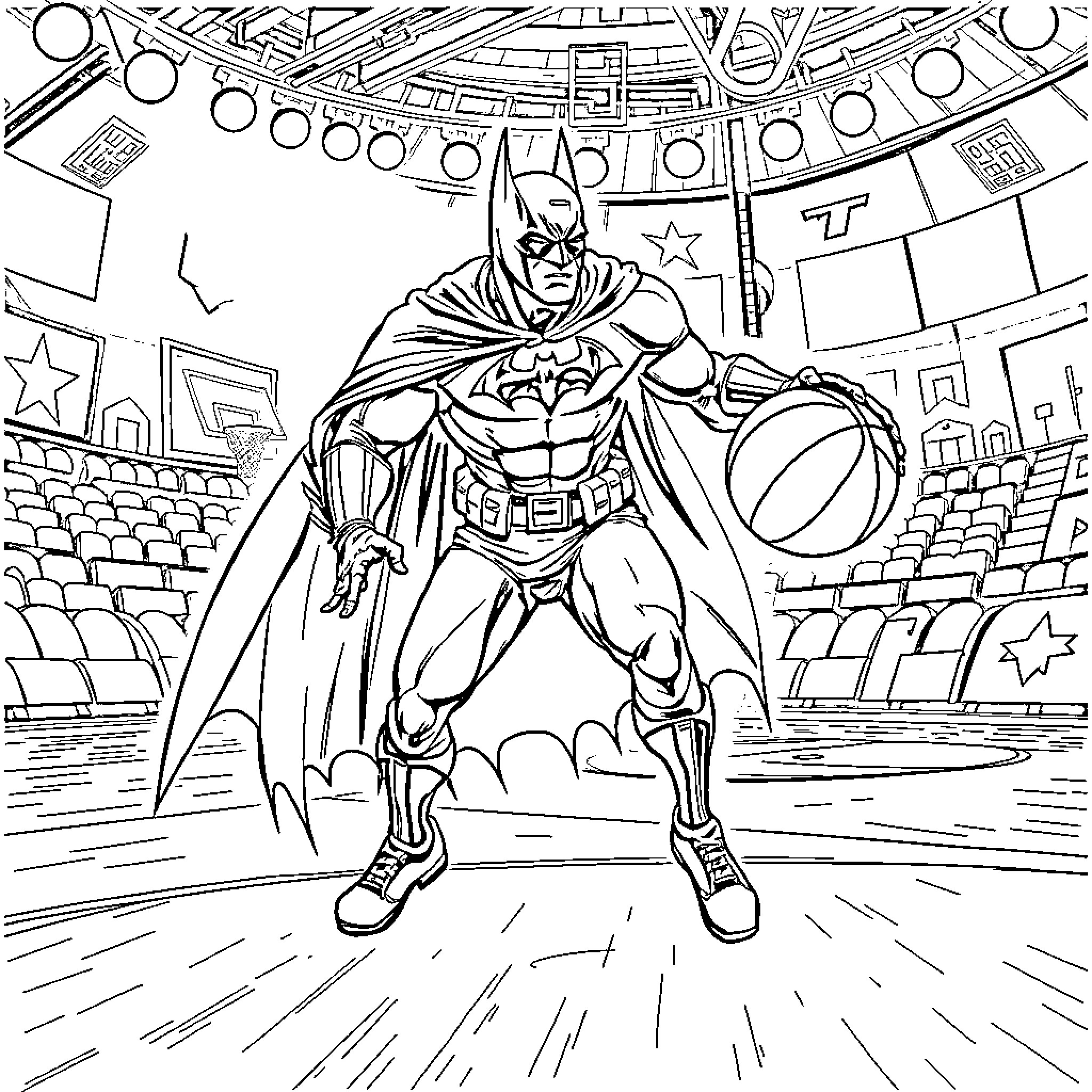 Batman in heroic action pose at stadium event Coloring Page (free black-and-white line drawing printable PDF for all, from beginners to advanced learners, including children, teens, adults, and seniors)