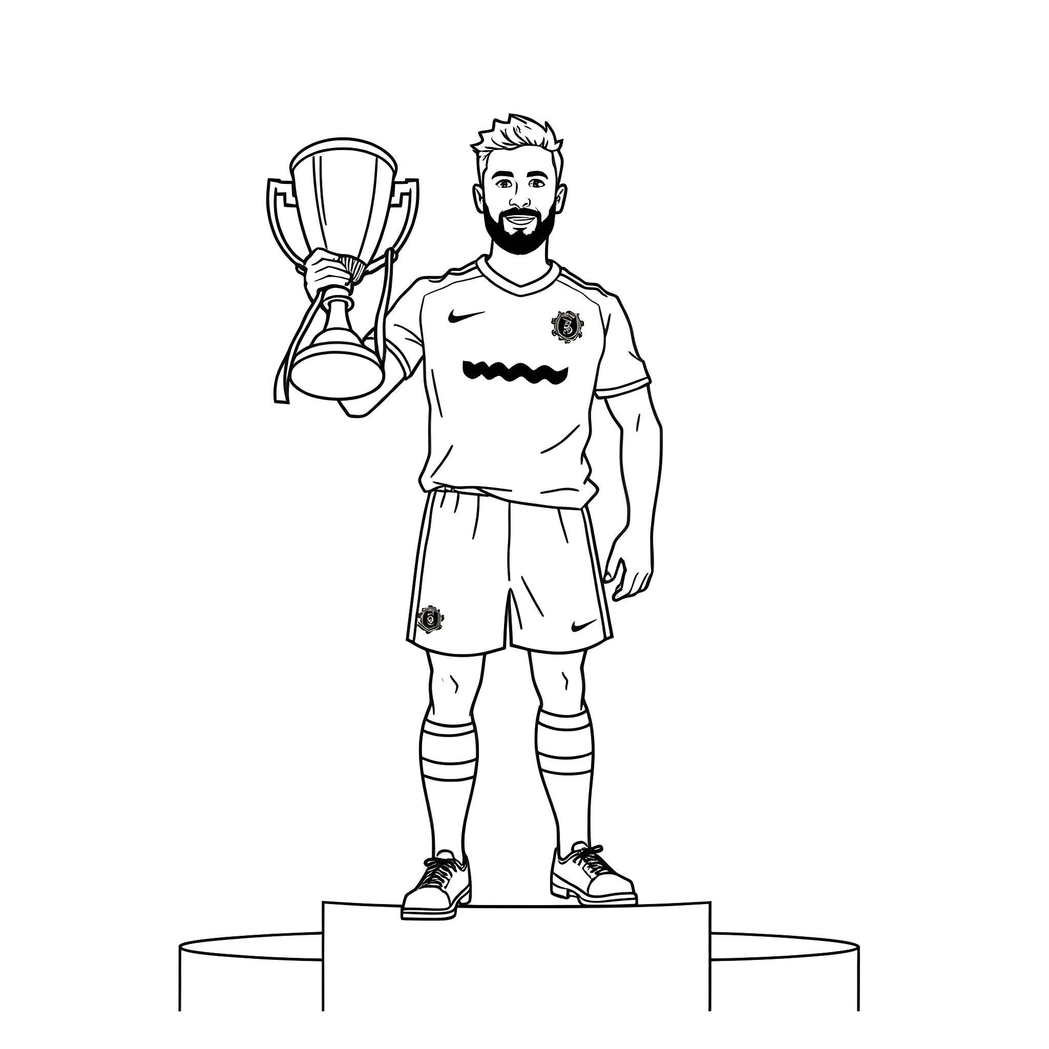 Brendan Rodgers holds trophy after football match Coloring Page (free black-and-white line drawing printable PDF for all, from beginners to advanced learners, including children, teens, adults, and seniors)