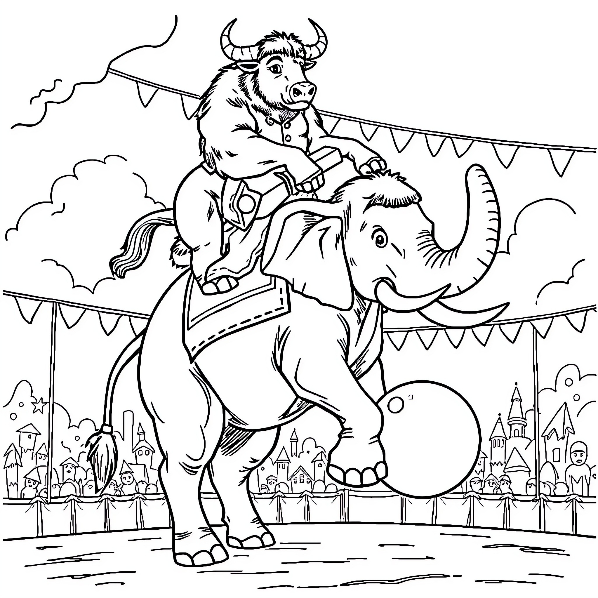 Bull rider performing stunts on an elephant at a circus Coloring Page (free black-and-white line drawing printable PDF for all, from beginners to advanced learners, including children, teens, adults, and seniors)
