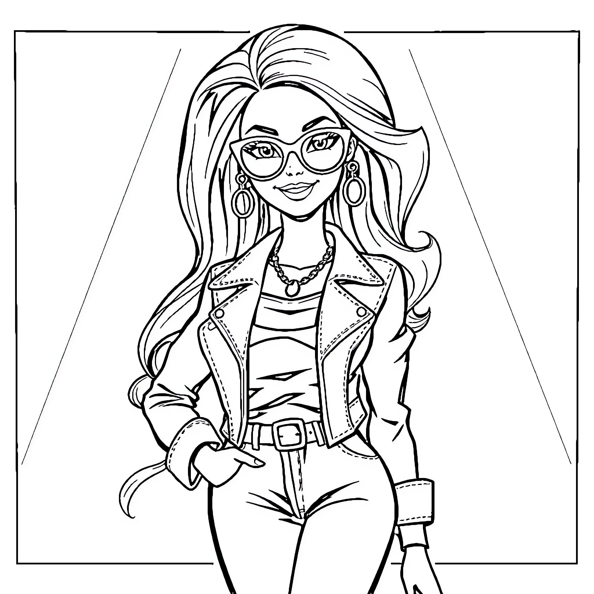 Barbie in stylish outfit with accessories Coloring Page (free black-and-white line drawing printable PDF for all, from beginners to advanced learners, including children, teens, adults, and seniors)
