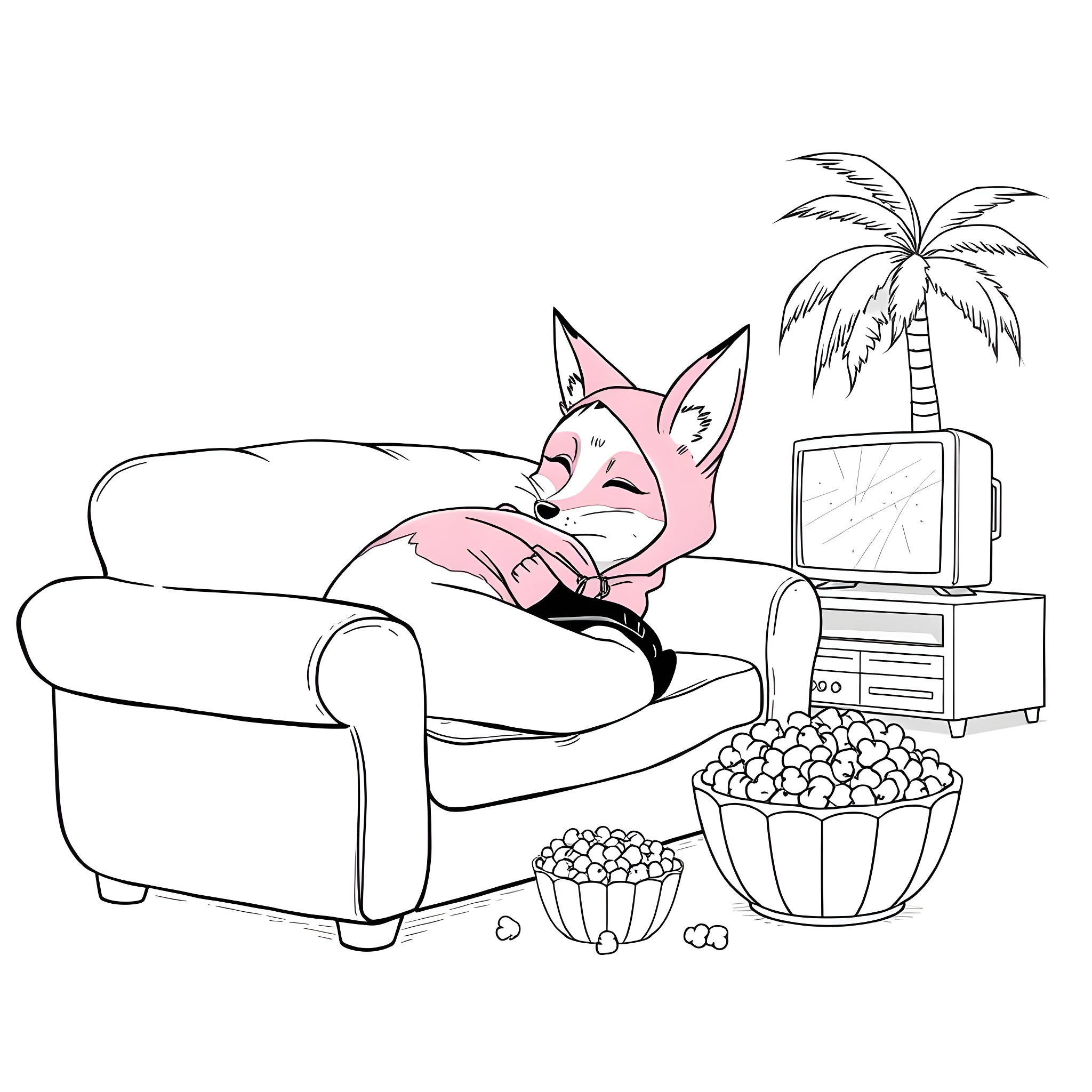 Fox relaxing at home with TV and snacks Coloring Page (free black-and-white line drawing printable PDF for all, from beginners to advanced learners, including children, teens, adults, and seniors)