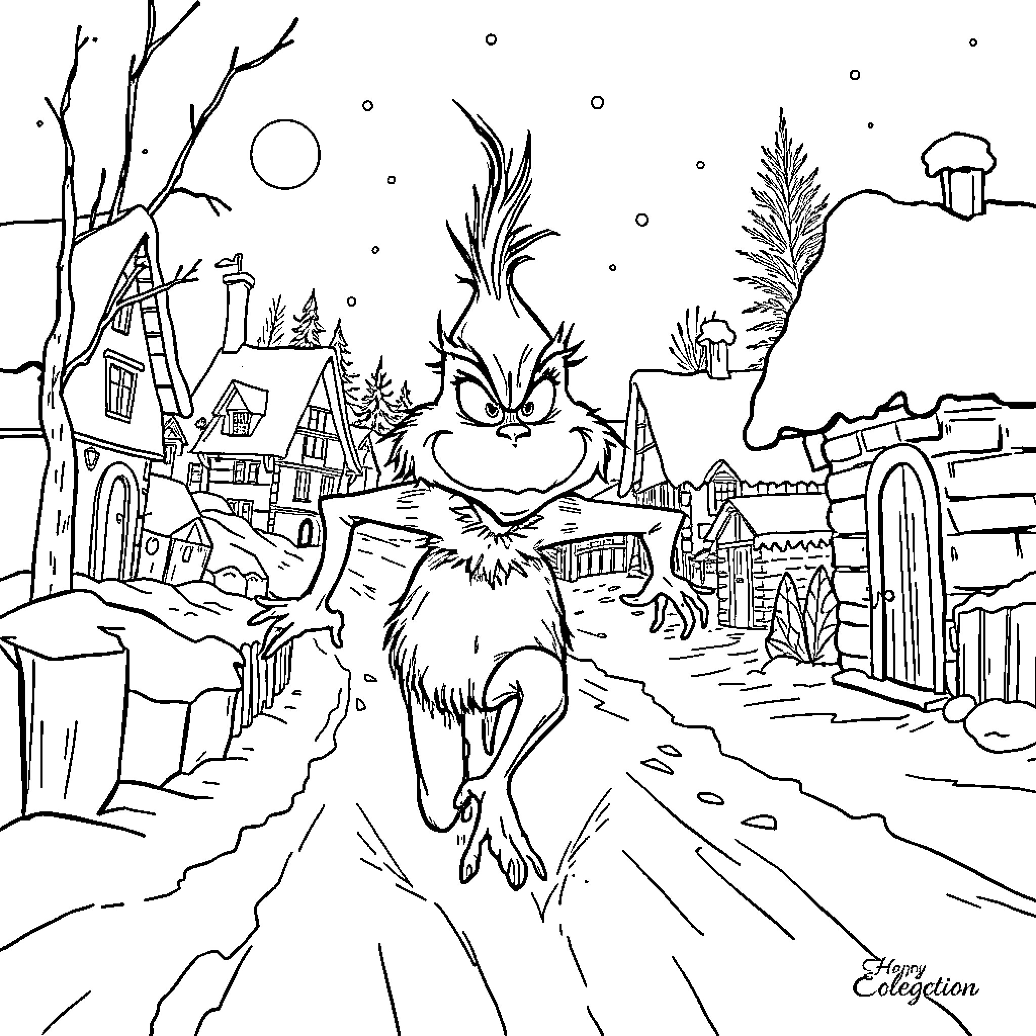 Grinch's Mischievous Adventure in a Wintry Town Coloring Page (free black-and-white line drawing printable PDF for all, from beginners to advanced learners, including children, teens, adults, and seniors)