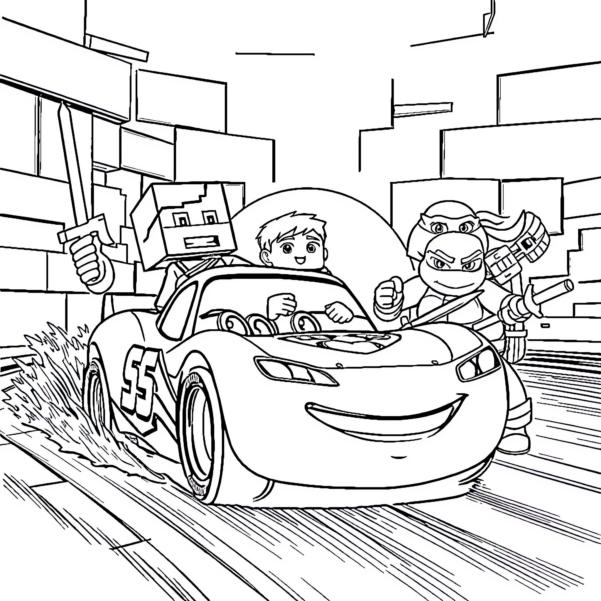 Flash McQueen racing with supporting characters Coloring Page (free black-and-white line drawing printable PDF for all, from beginners to advanced learners, including children, teens, adults, and seniors)