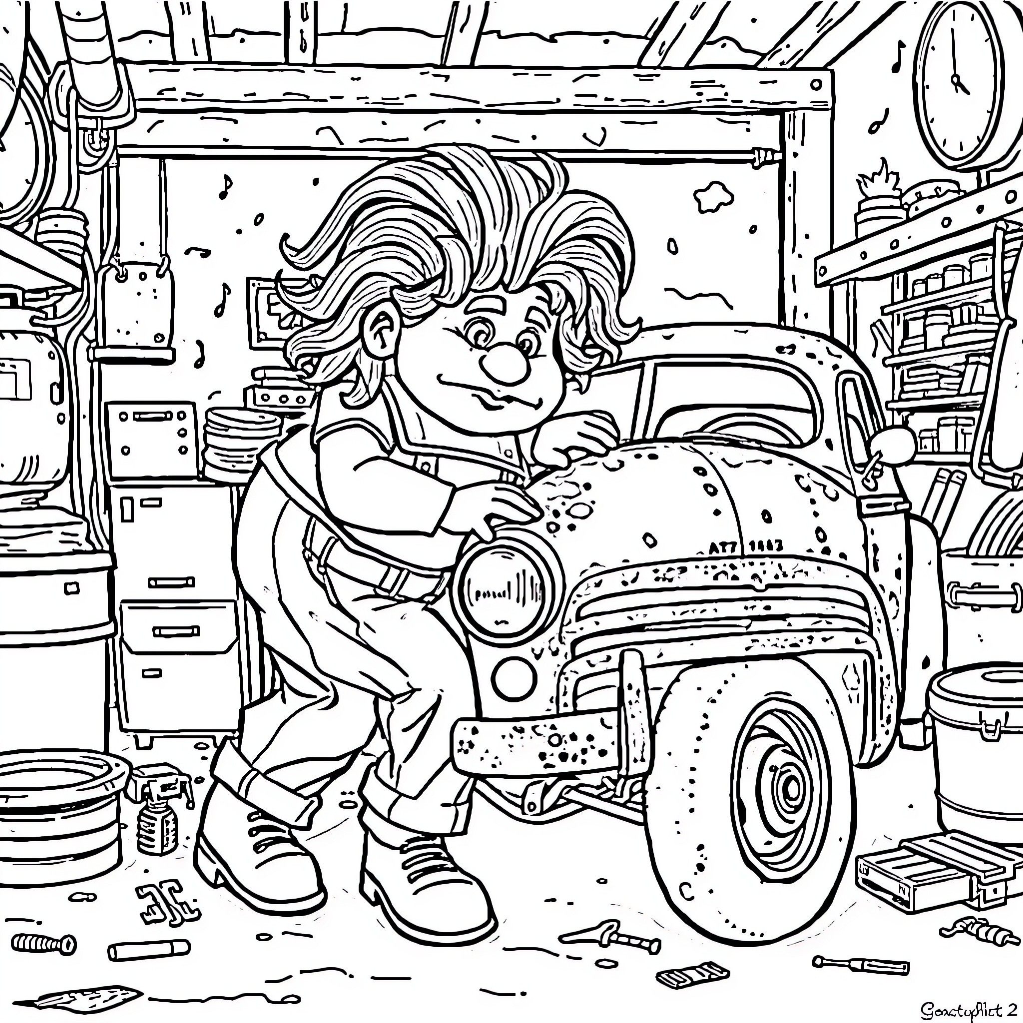 Oompa Loompa fixing a vintage car in a messy garage Coloring Page (free black-and-white line drawing printable PDF for all, from beginners to advanced learners, including children, teens, adults, and seniors)