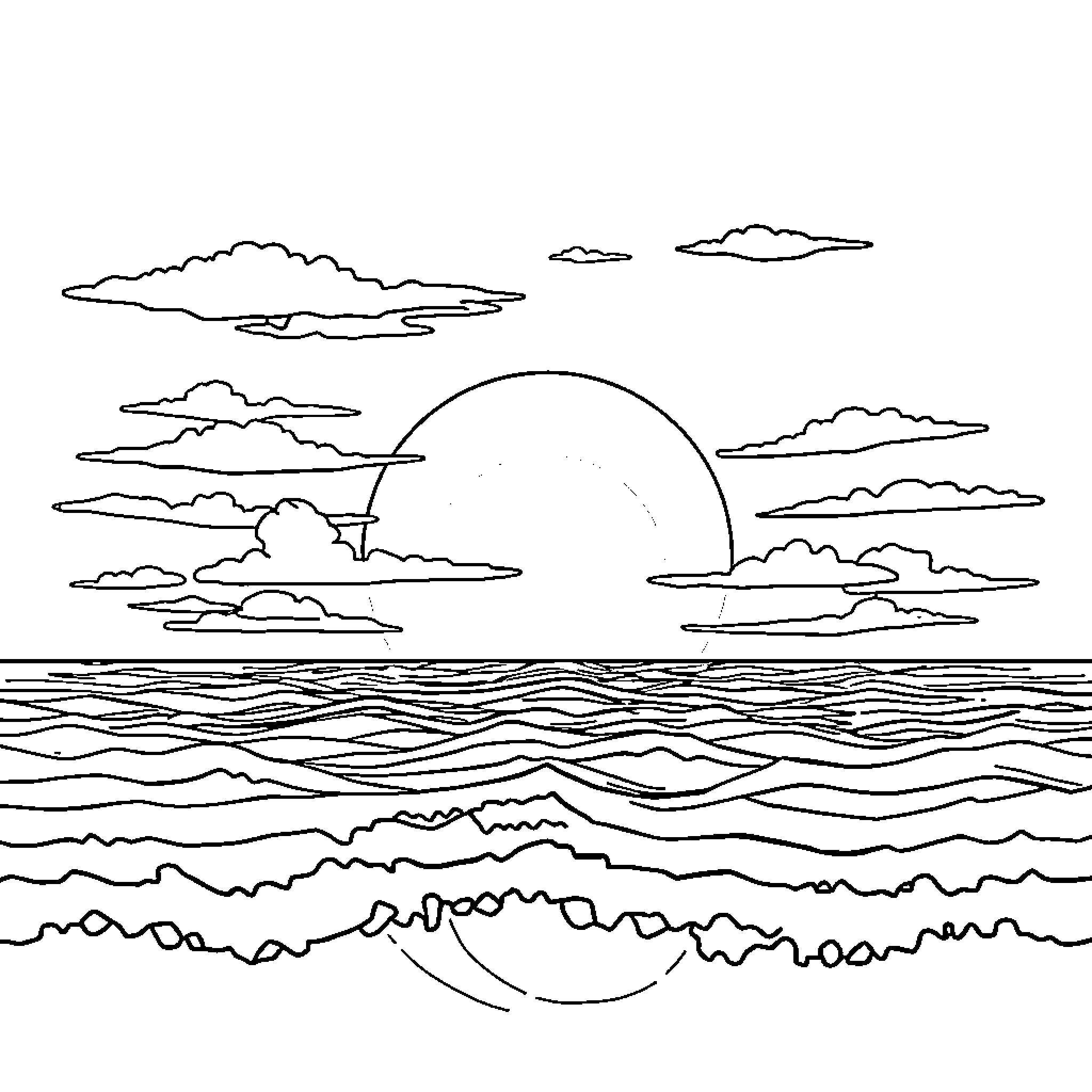 Sunset over the vast ocean Coloring Page (free black-and-white line drawing printable PDF for all, from beginners to advanced learners, including children, teens, adults, and seniors)