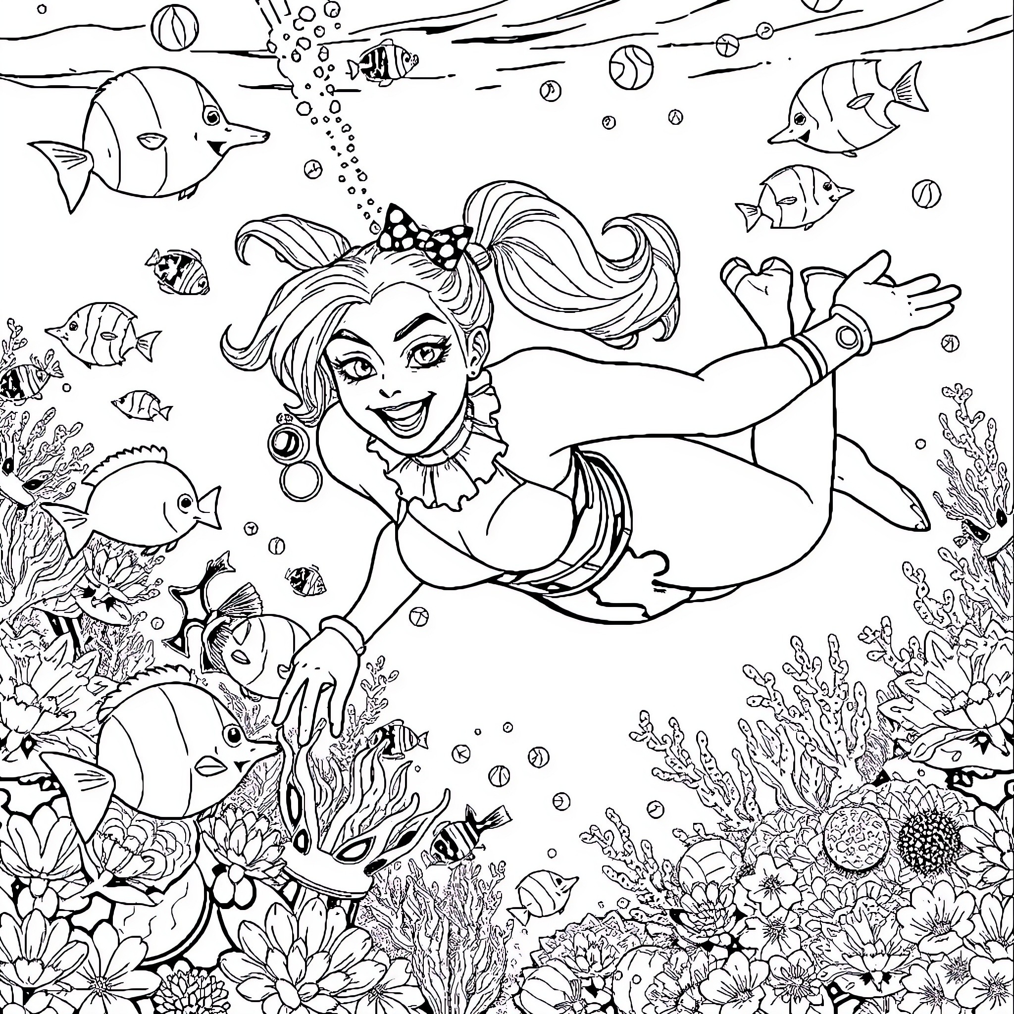 Harley Quinn explores the vibrant underwater world Coloring Page (free black-and-white line drawing printable PDF for all, from beginners to advanced learners, including children, teens, adults, and seniors)