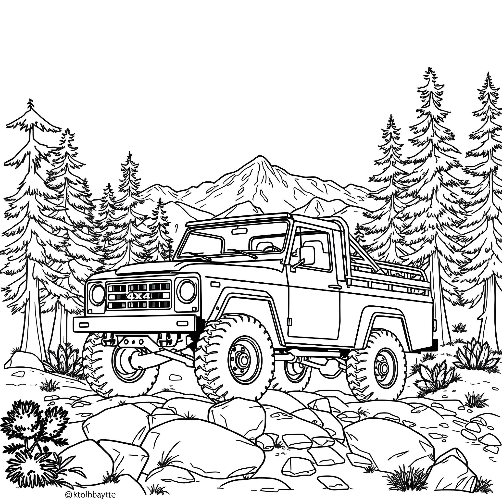 Truck traversing rugged mountain terrain Coloring Page (free black-and-white line drawing printable PDF for all, from beginners to advanced learners, including children, teens, adults, and seniors)