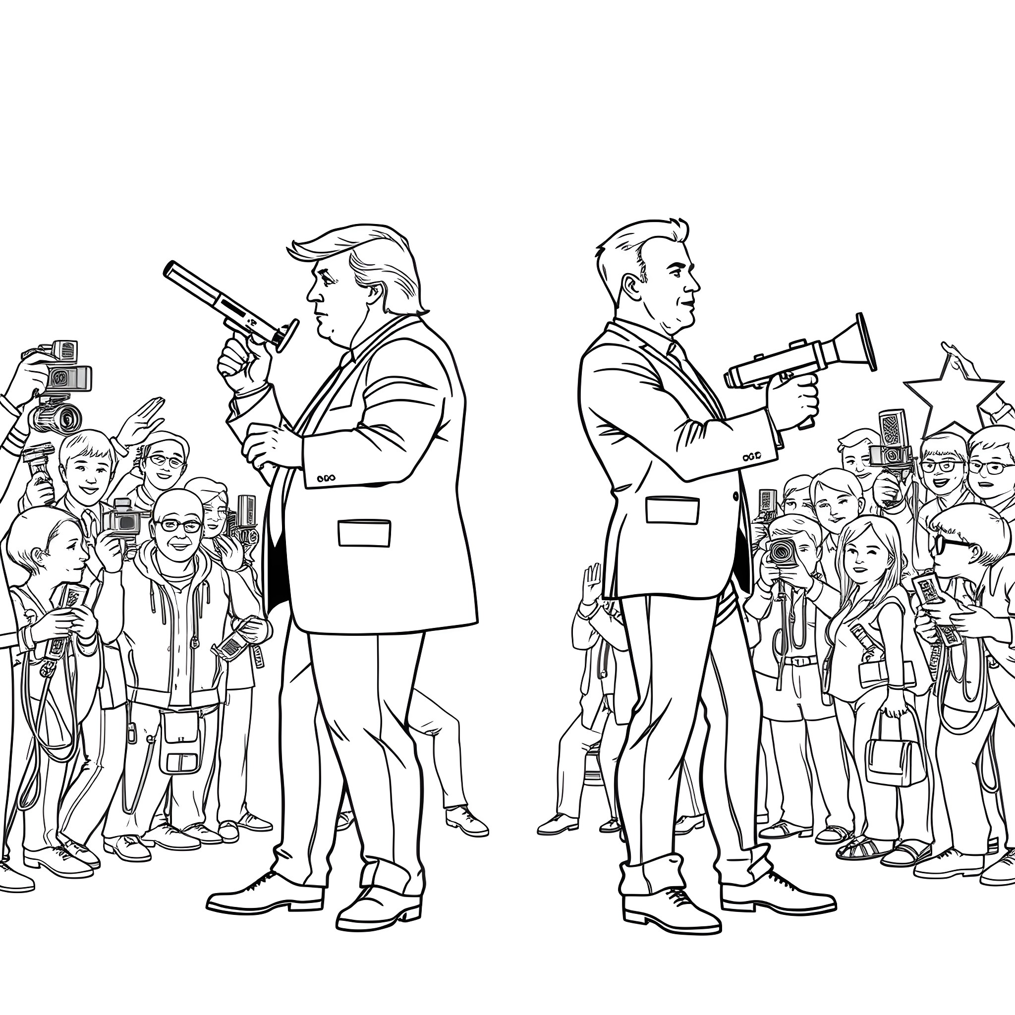 Trump addressing supporters and media at political rally Coloring Page (free black-and-white line drawing printable PDF for all, from beginners to advanced learners, including children, teens, adults, and seniors)