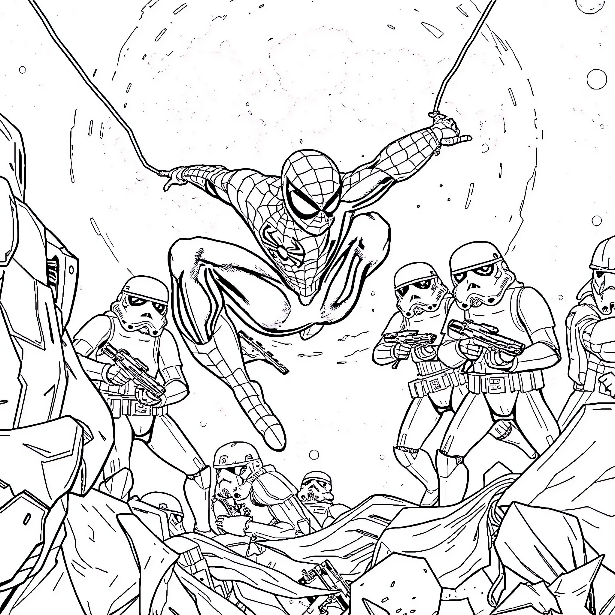 Spider-Man leaping into action against stormtroopers Coloring Page (free black-and-white line drawing printable PDF for all, from beginners to advanced learners, including children, teens, adults, and seniors)
