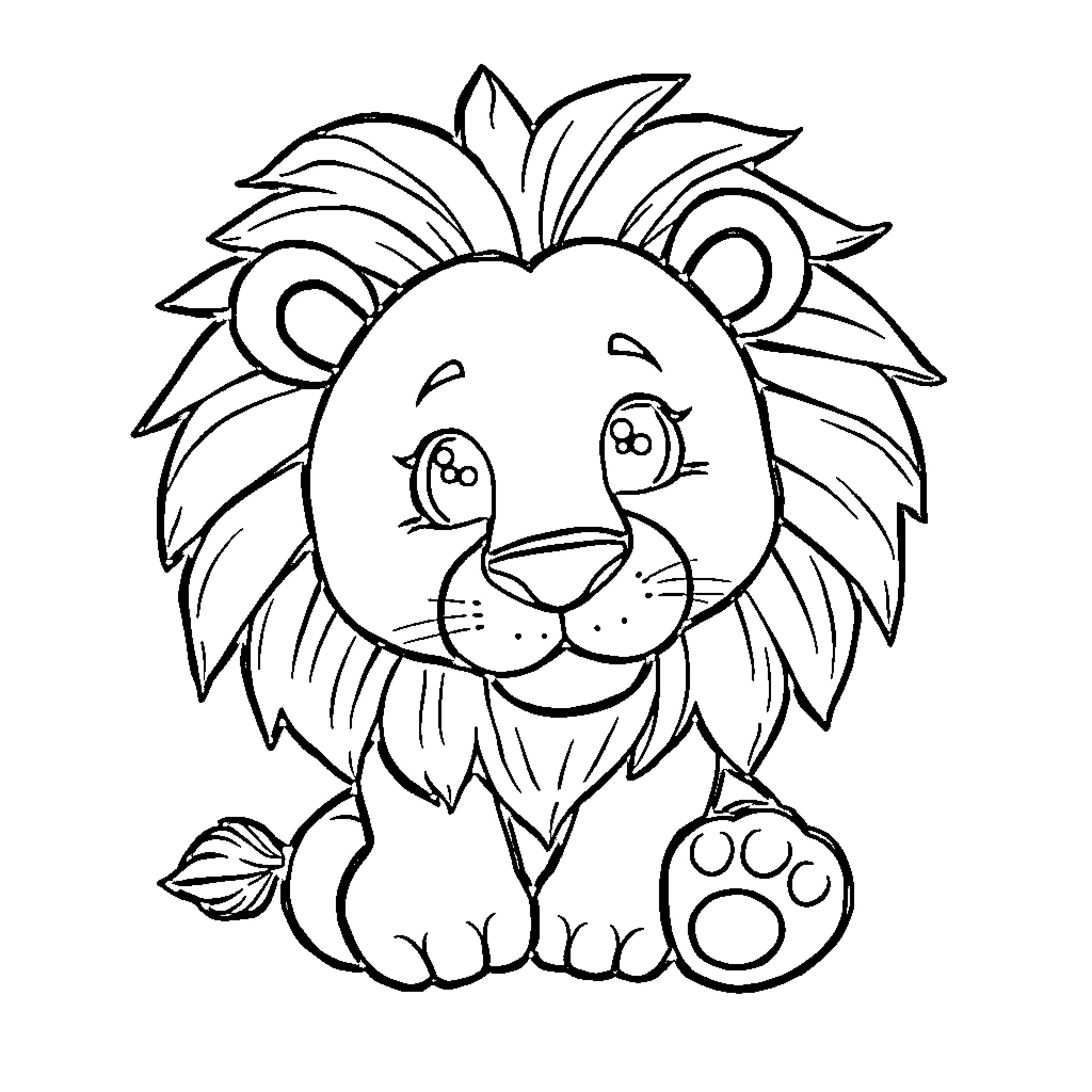 Lion resting with happy expression Coloring Page (free black-and-white line drawing printable PDF for all, from beginners to advanced learners, including children, teens, adults, and seniors)