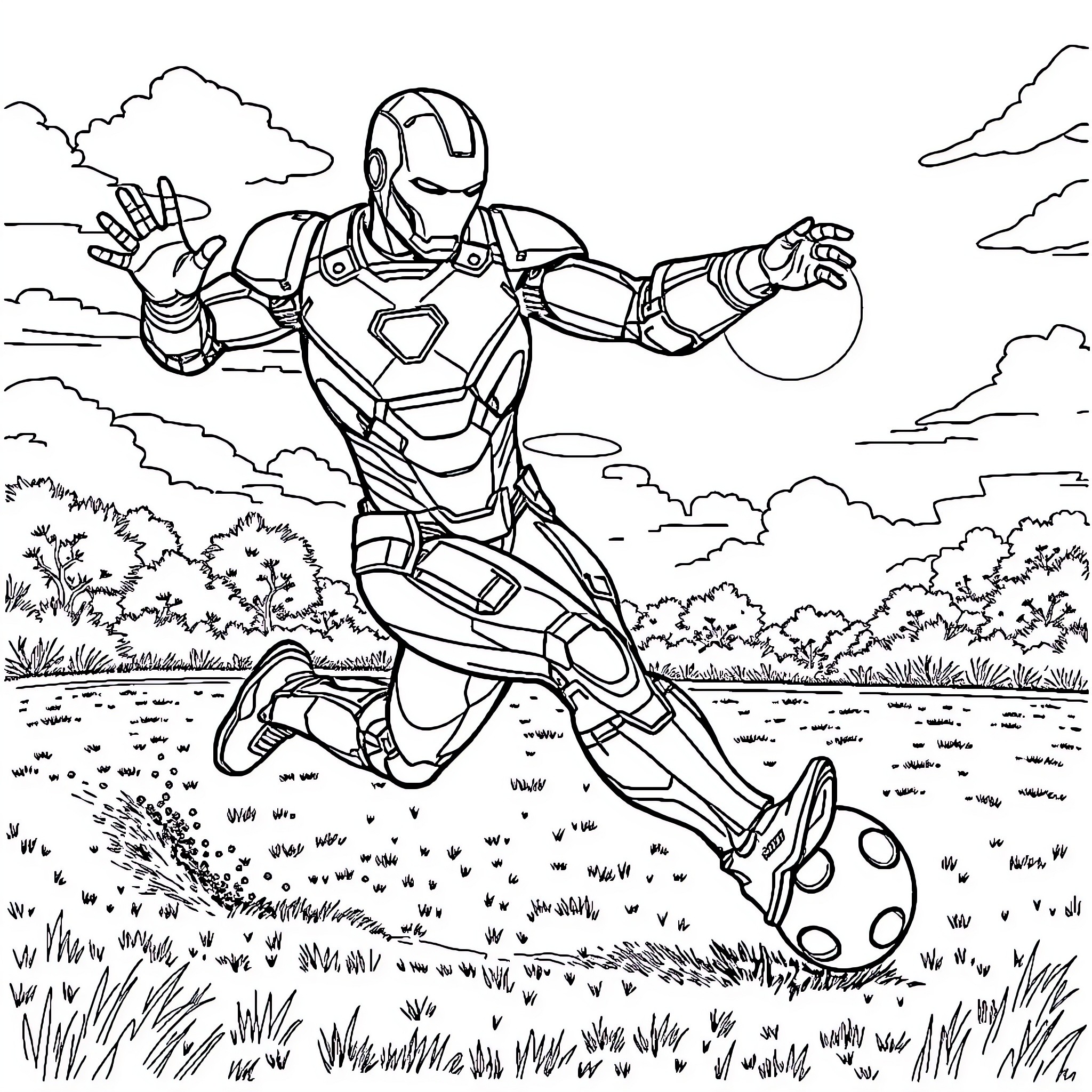 Iron Man flying through a grassy landscape Coloring Page (free black-and-white line drawing printable PDF for all, from beginners to advanced learners, including children, teens, adults, and seniors)