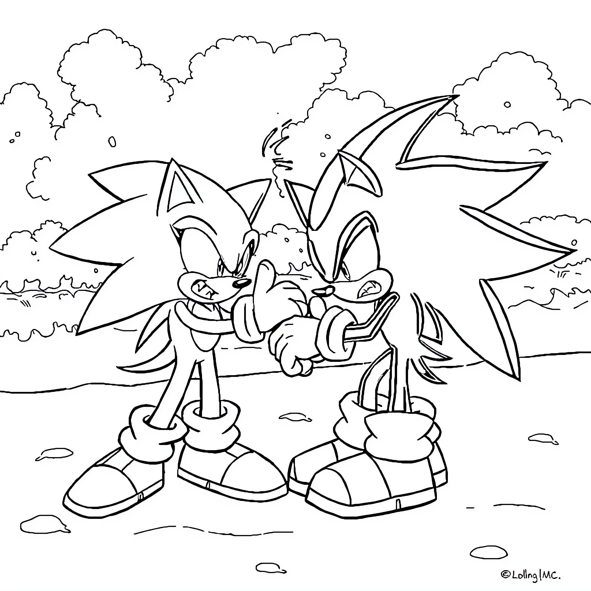 Sonic and friends in an adventurous scene Coloring Page (free black-and-white line drawing printable PDF for all, from beginners to advanced learners, including children, teens, adults, and seniors)