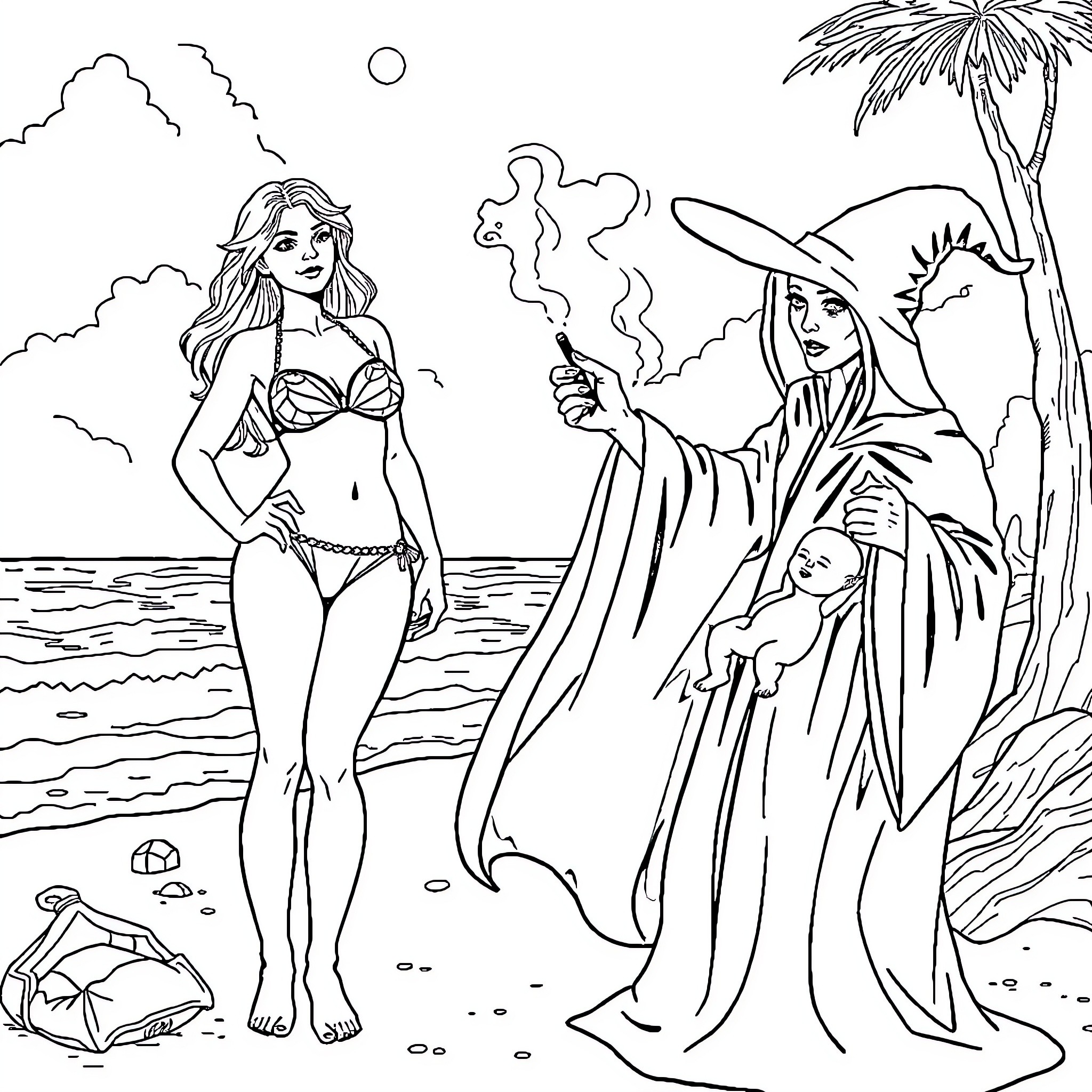 Woman in swimsuit on tropical beach with shaman figure Coloring Page (free black-and-white line drawing printable PDF for all, from beginners to advanced learners, including children, teens, adults, and seniors)