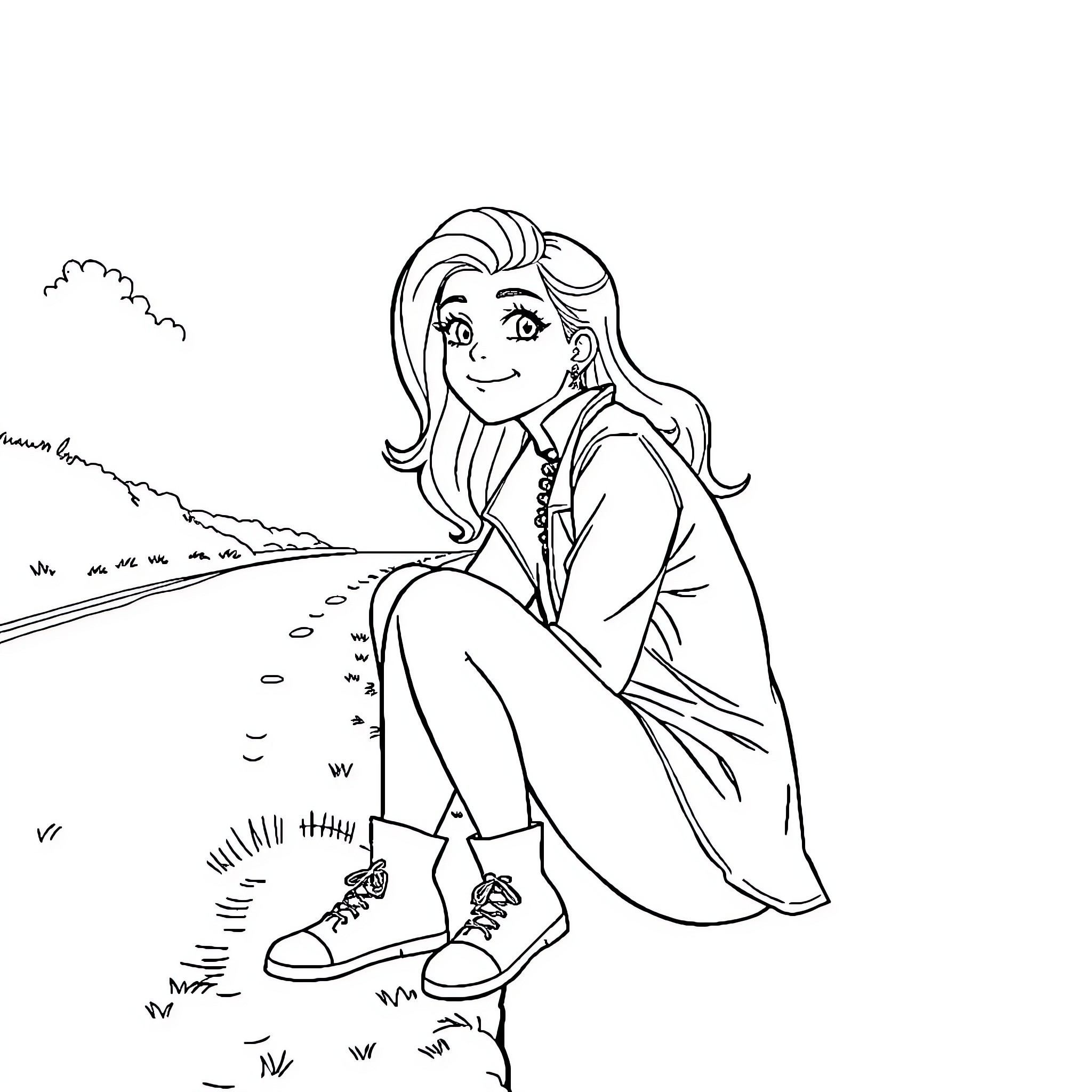 Lisa enjoying a peaceful outdoor scene Coloring Page (free black-and-white line drawing printable PDF for all, from beginners to advanced learners, including children, teens, adults, and seniors)